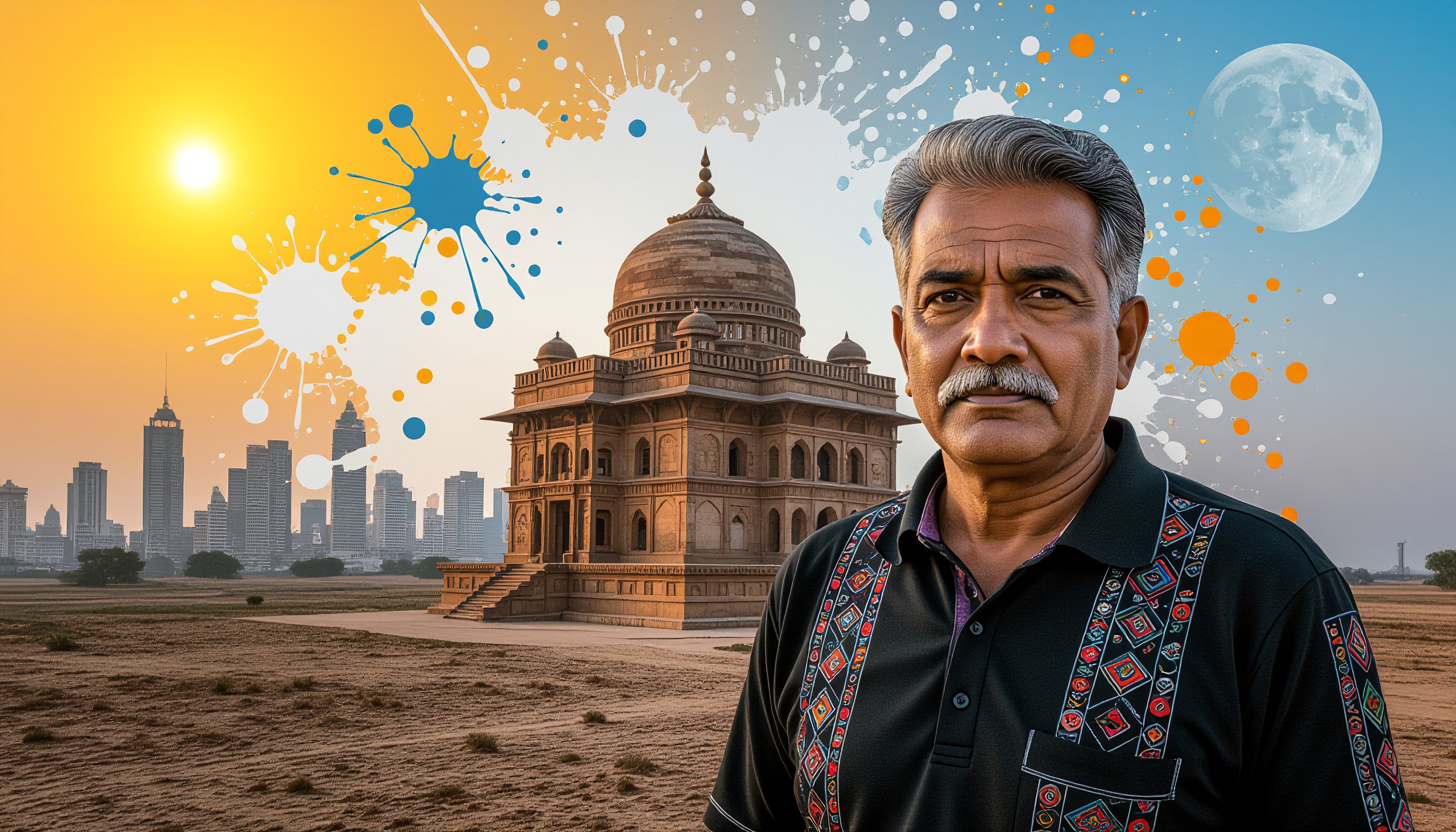 The image features a man standing in front of a historical building with a city skyline in the background, enhanced by artistic colorful splashes.