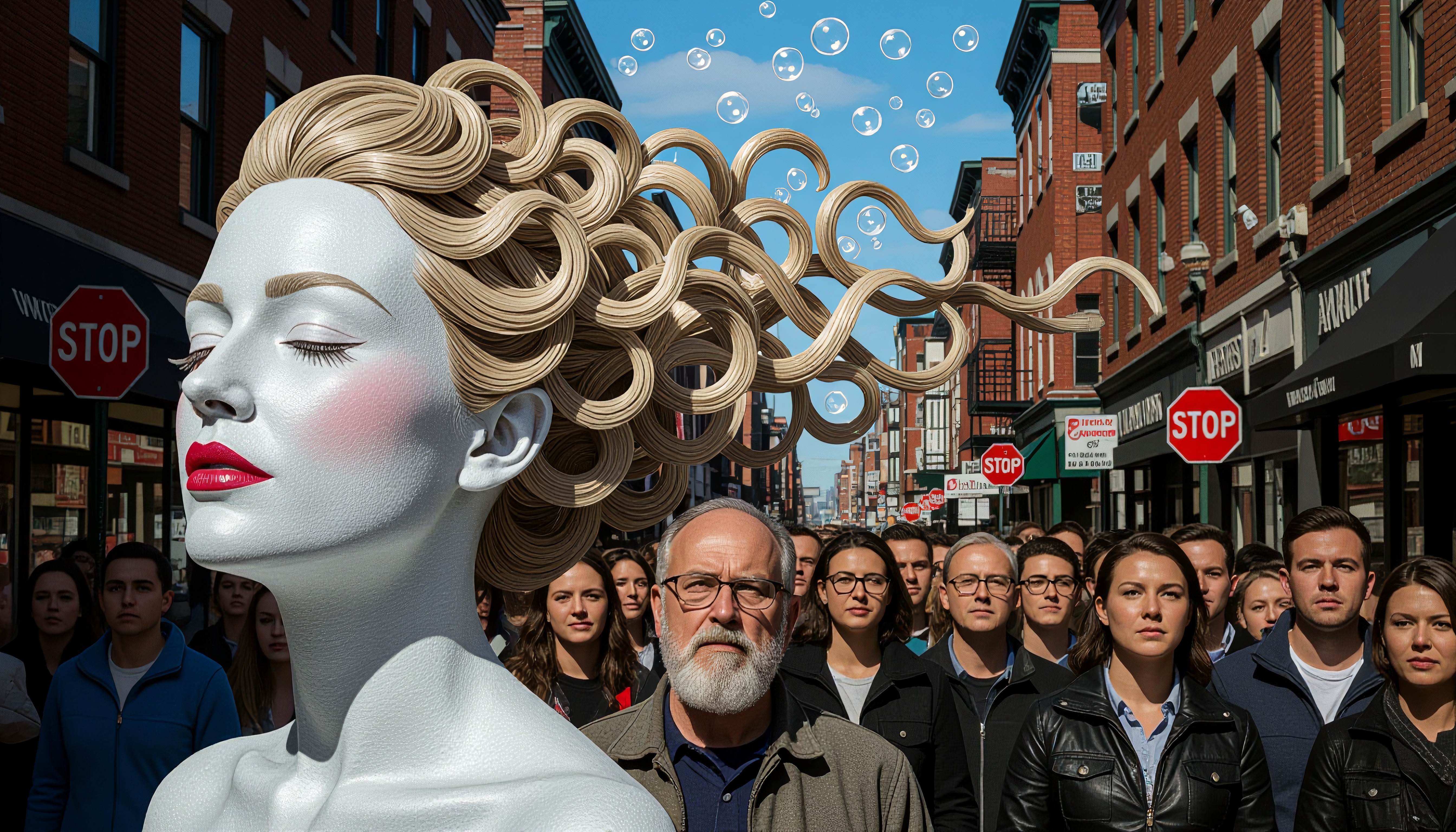 Giant sculpture in city street with crowd and bubbles.