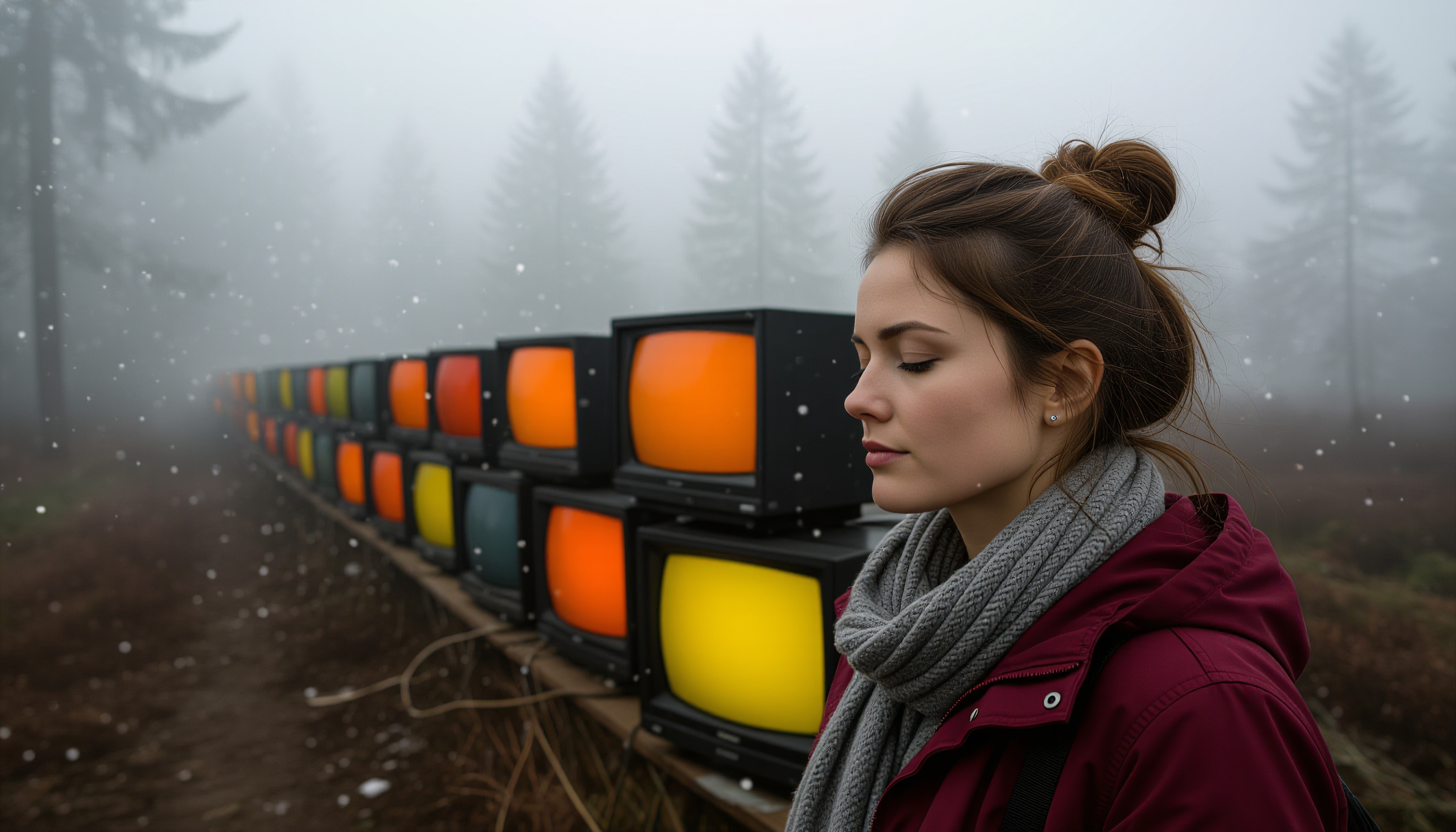 A woman in a foggy forest with vintage televisions.