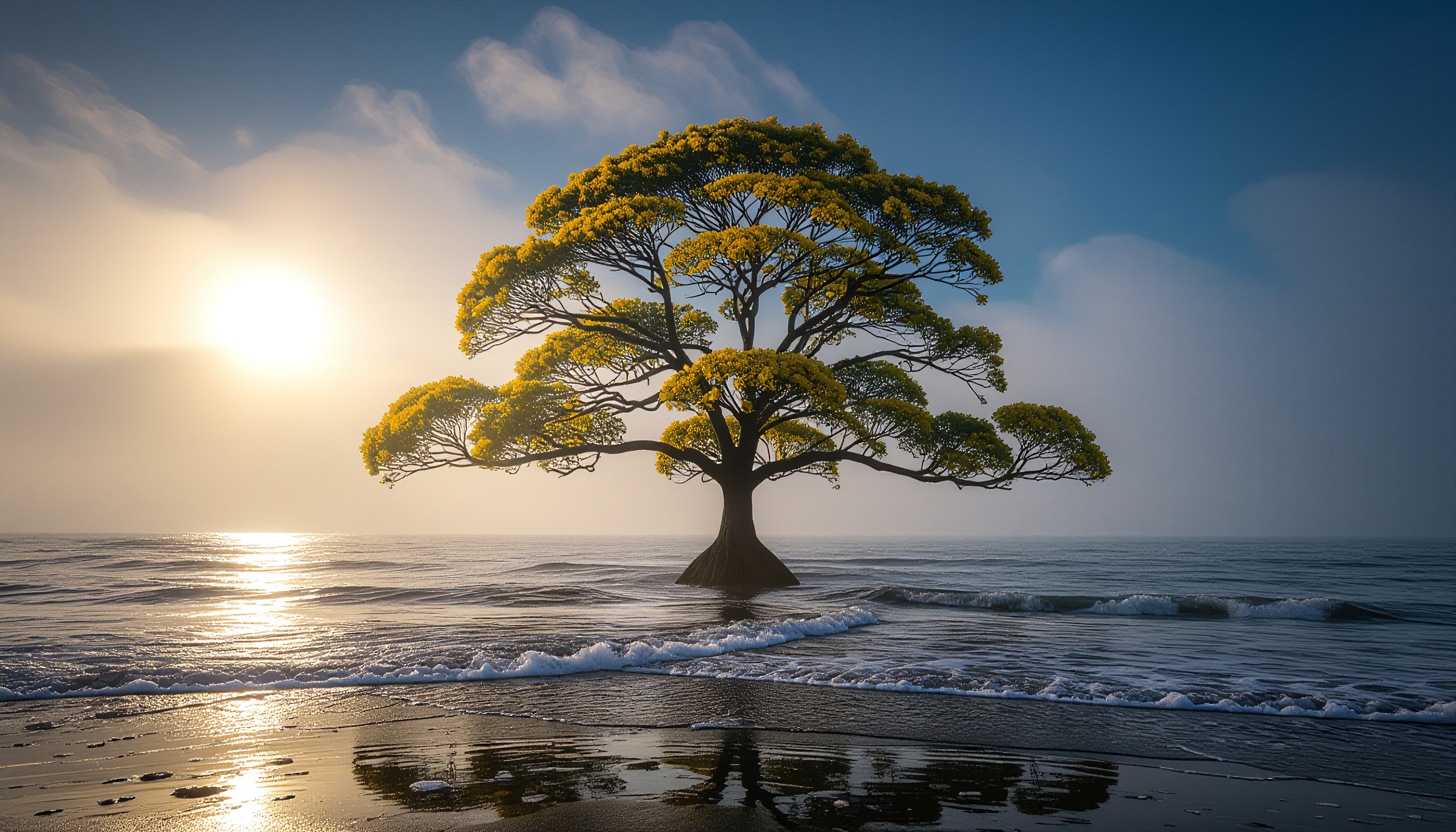 A picturesque solitary tree at sunrise on a tranquil beach with gentle waves and reflections.