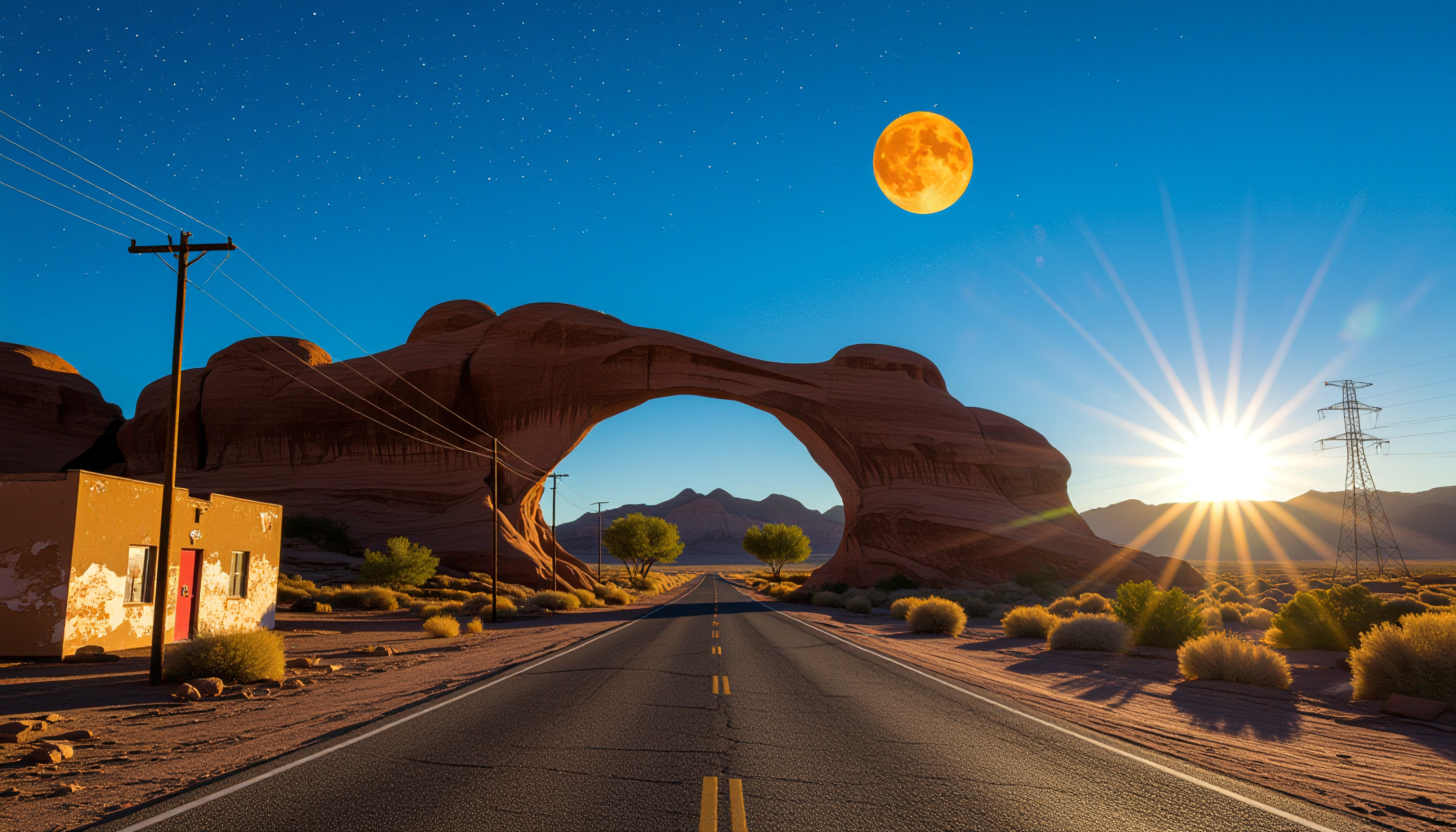 Surreal desert road framed by giant rock arch with dual sun and moon lighting effect