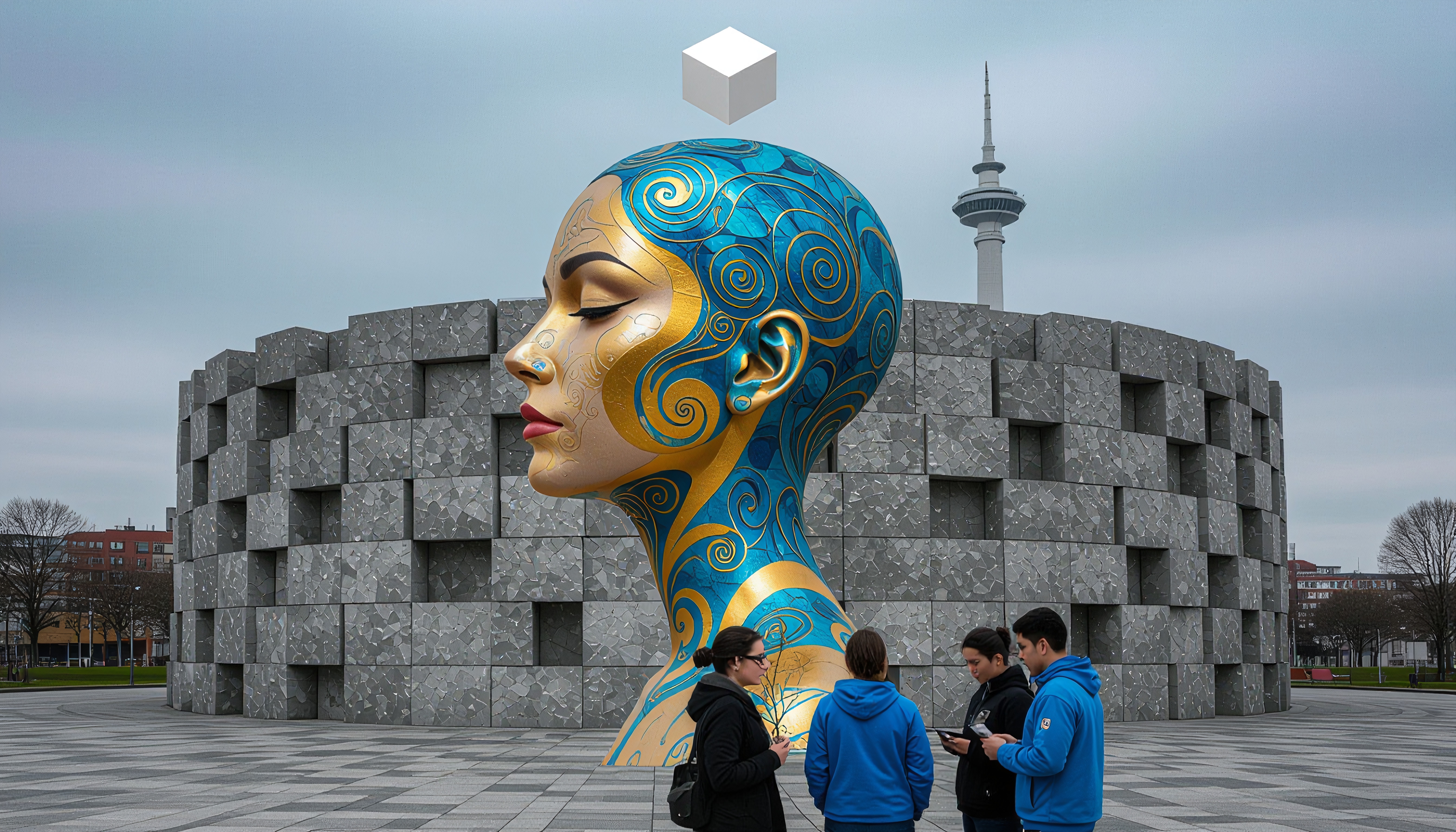 Colorful, surreal sculpture against urban architecture backdrop.