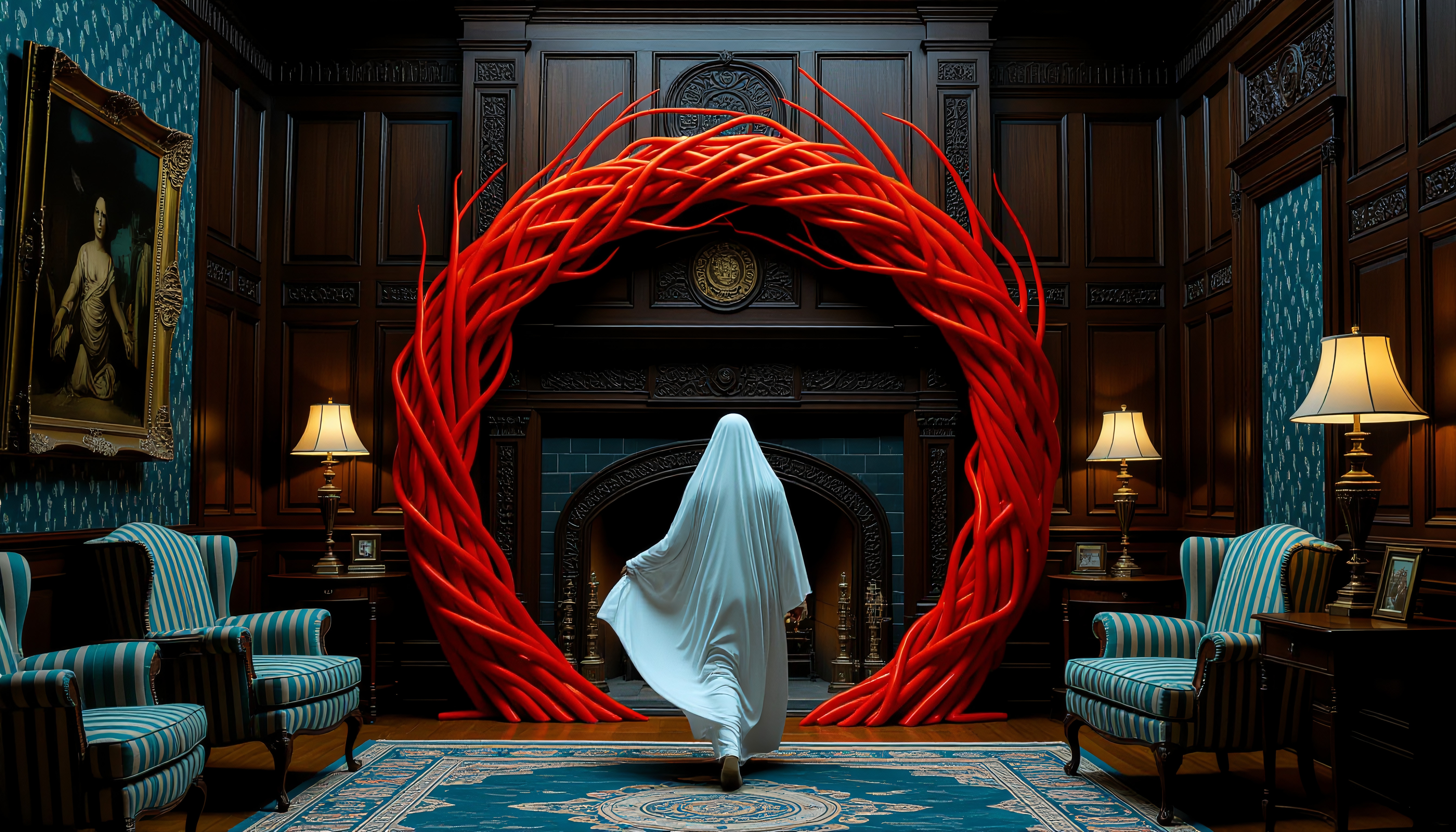 A ghostly figure under a white sheet stands before an ornate fireplace with a striking red arch in an elegant room.
