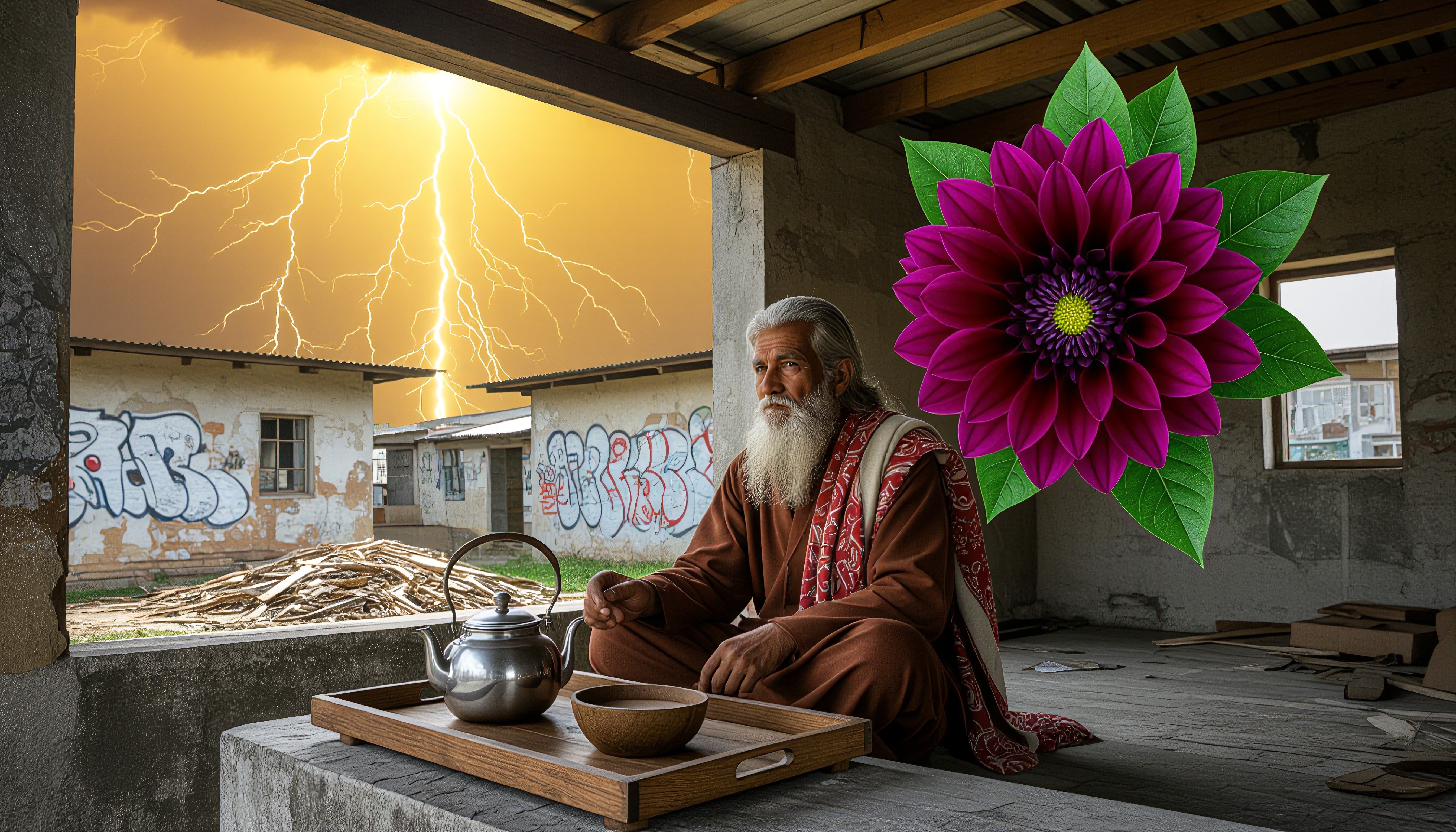 A man sits indoors with a teapot as lightning strikes outside.