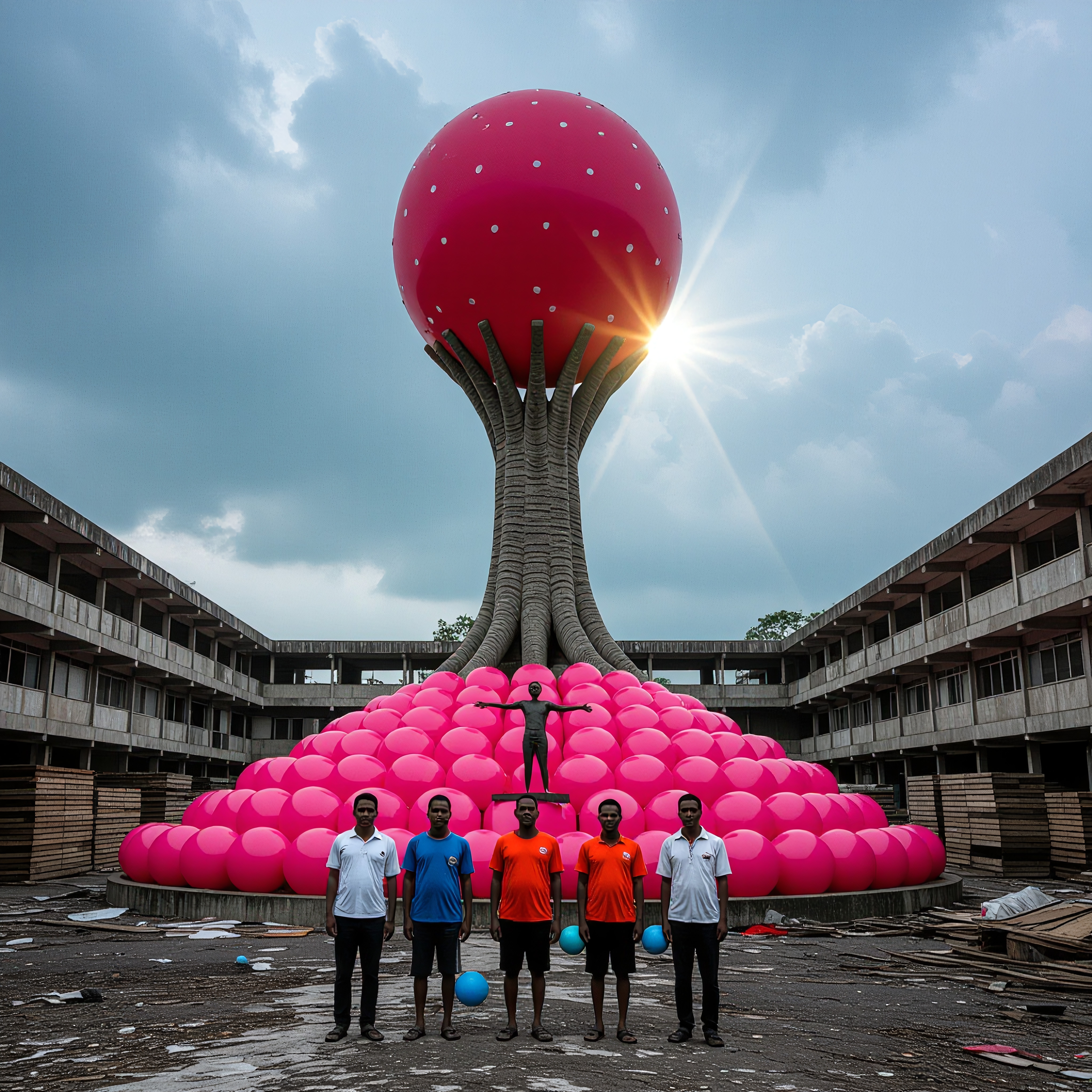 A large pink art installation stands in a courtyard with people.
