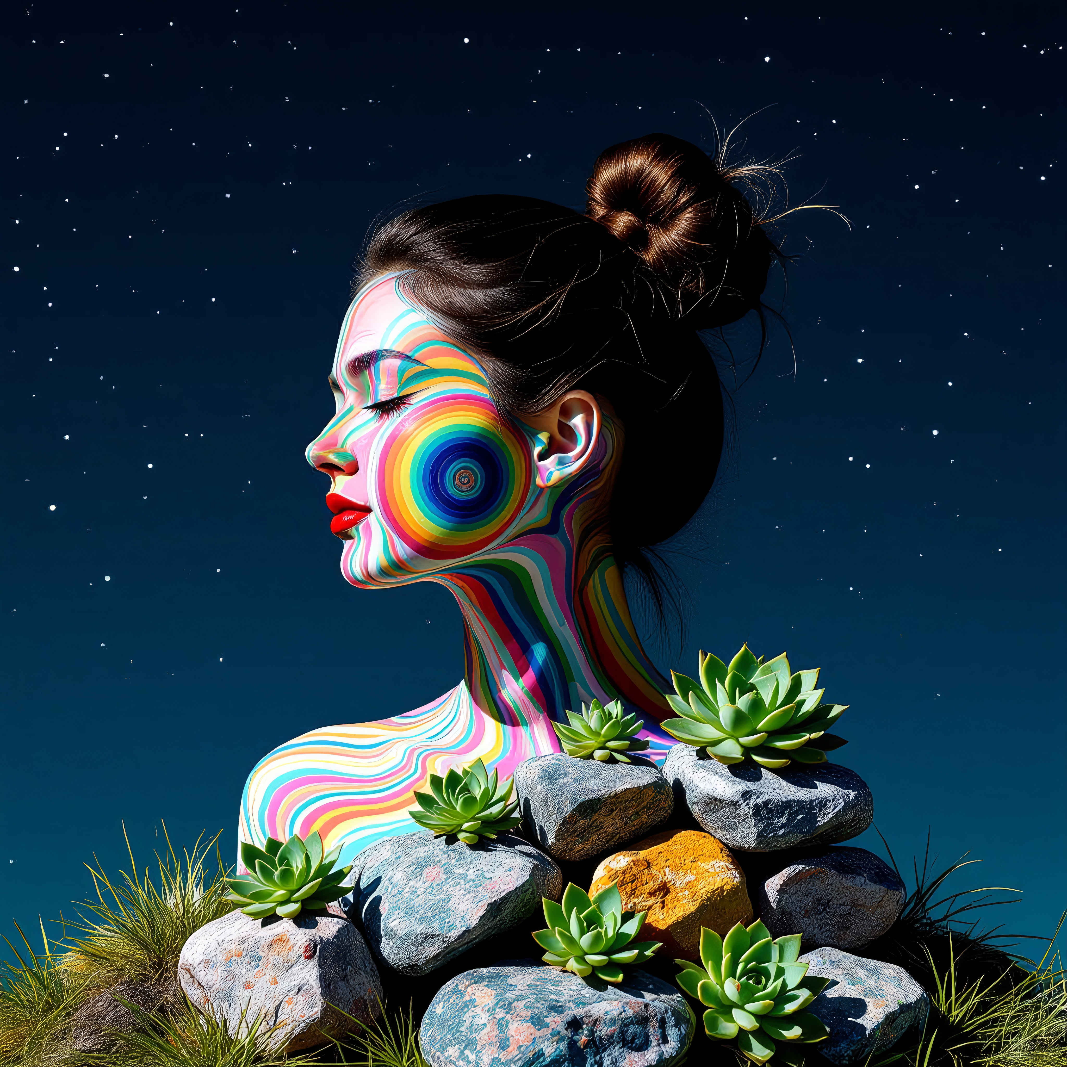 A woman with vibrant rainbow body paint surrounded by succulents under a starry sky.