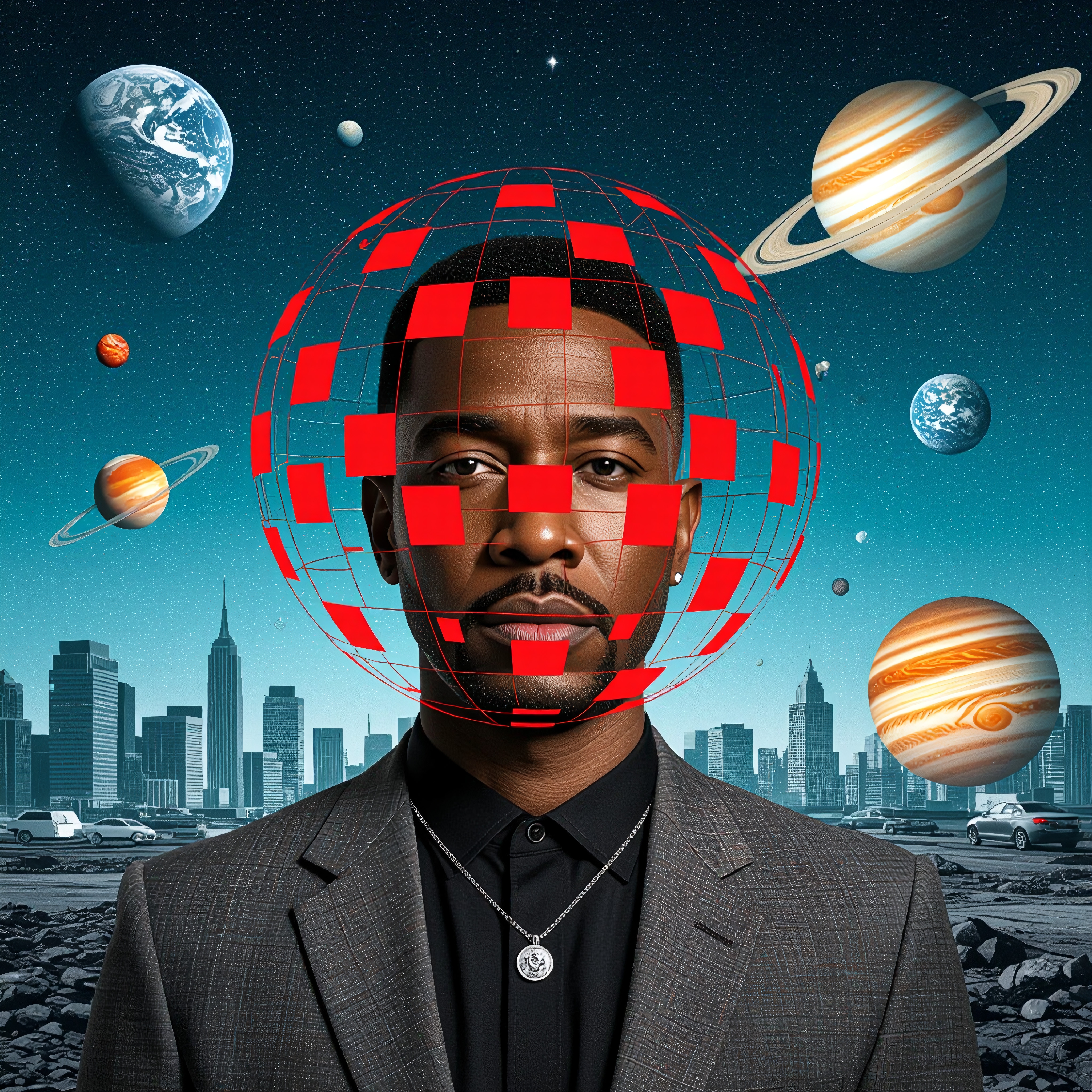 A man in a suit with planets and a red grid, set against a futuristic cityscape and starry sky.