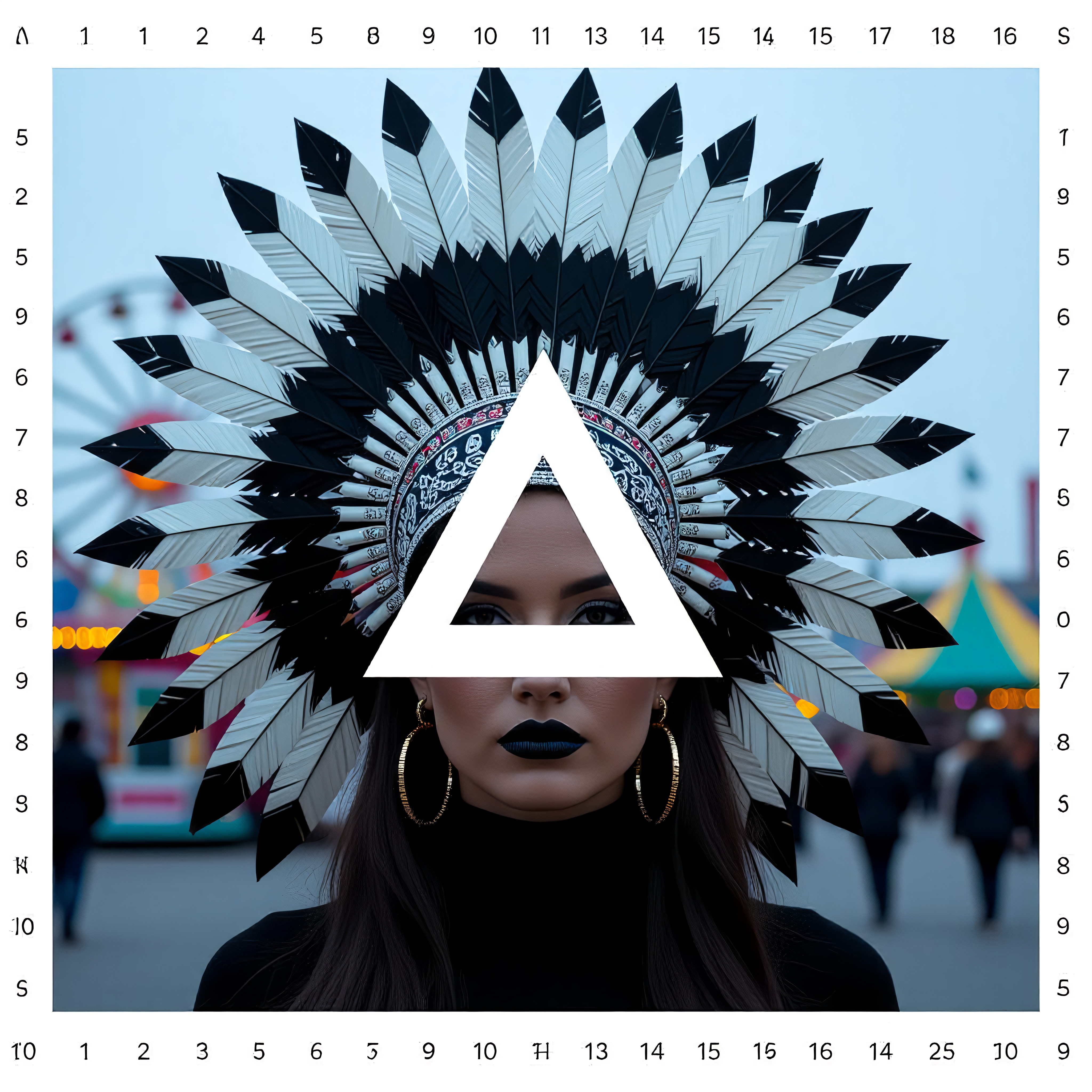 Woman wearing black white feather headdress with white triangle overlay, amusement park background