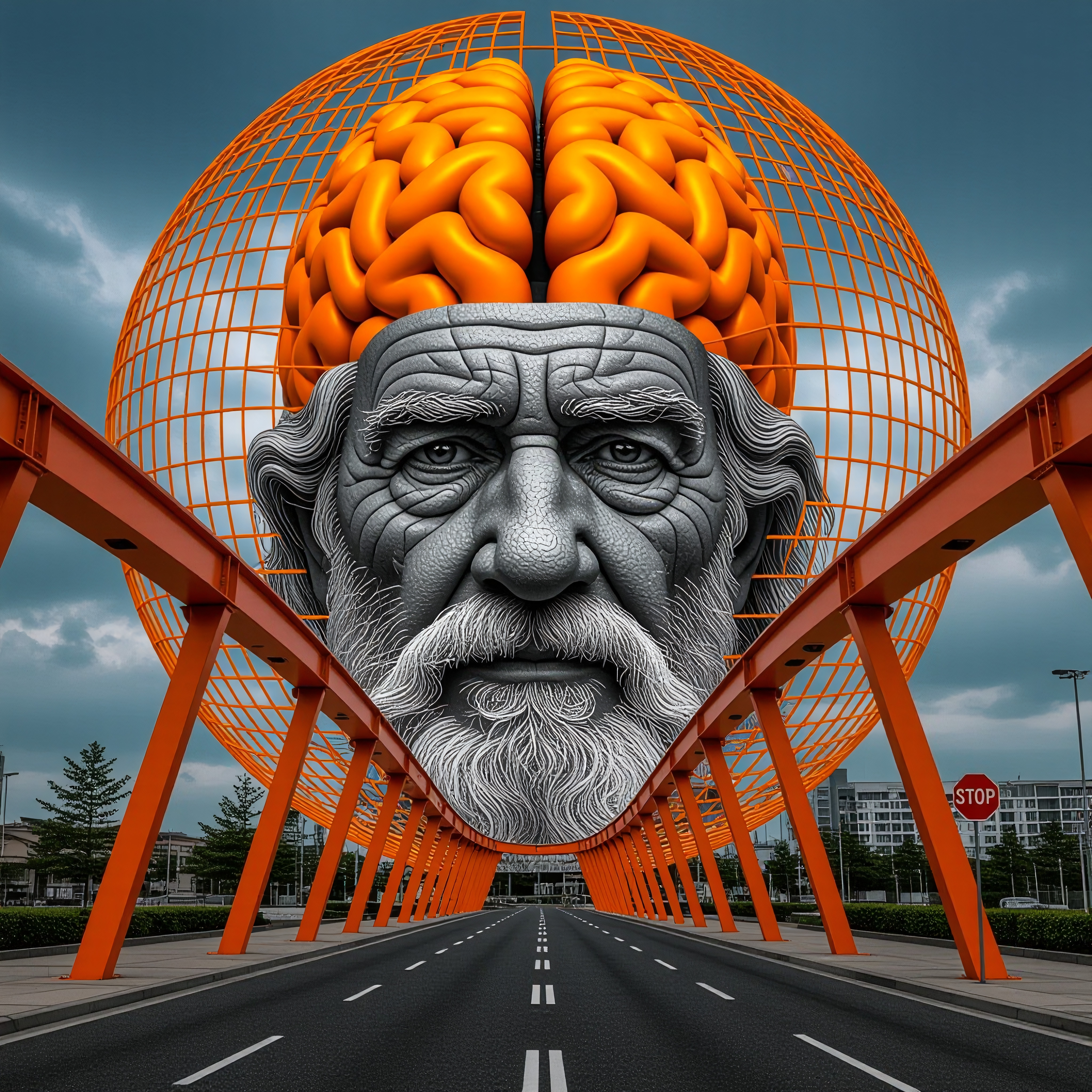 A surreal sculpture of an elderly man’s head, orange brain, and bridge in an urban setting.