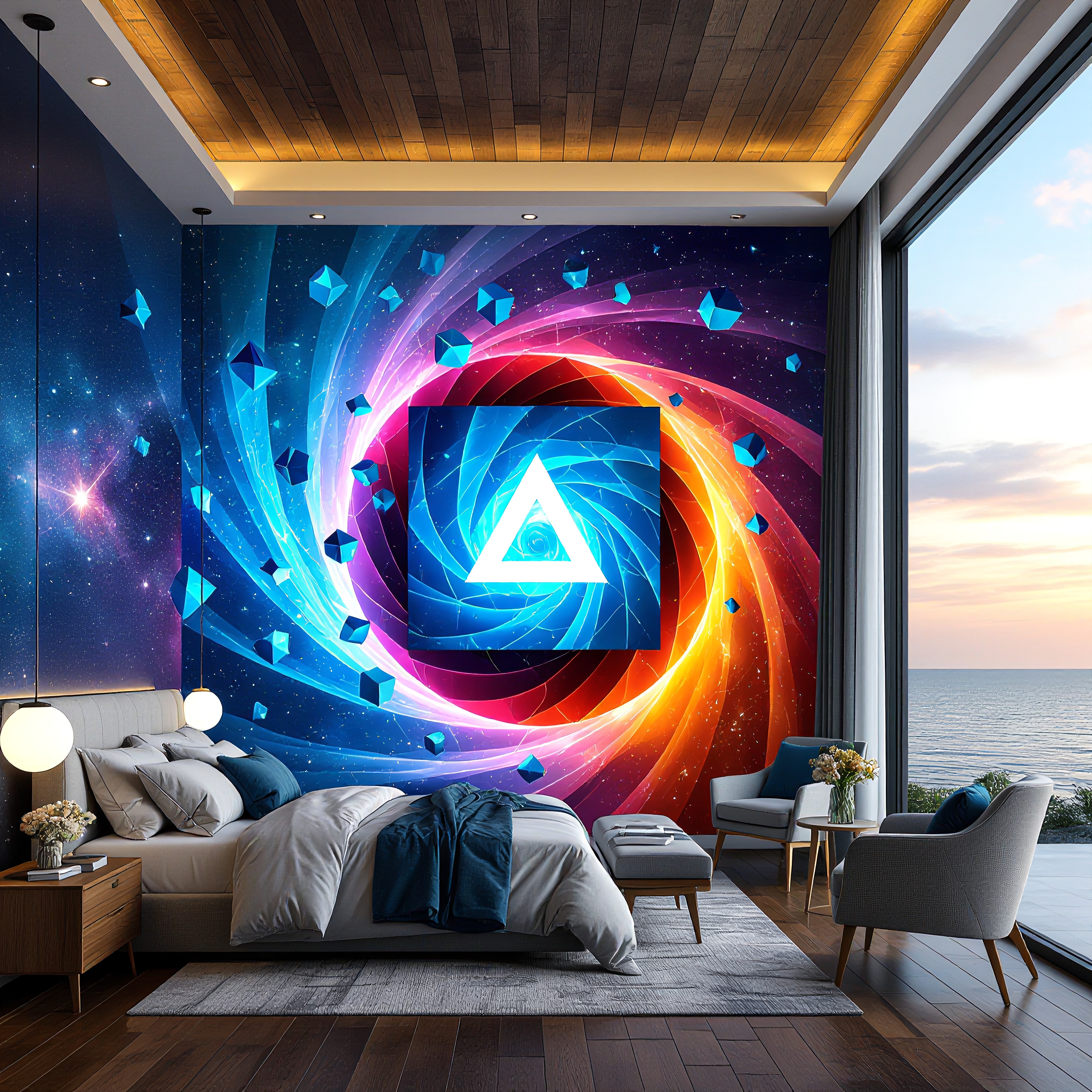 Modern bedroom with vibrant wall art featuring a swirling geometric design, overlooking an ocean view.