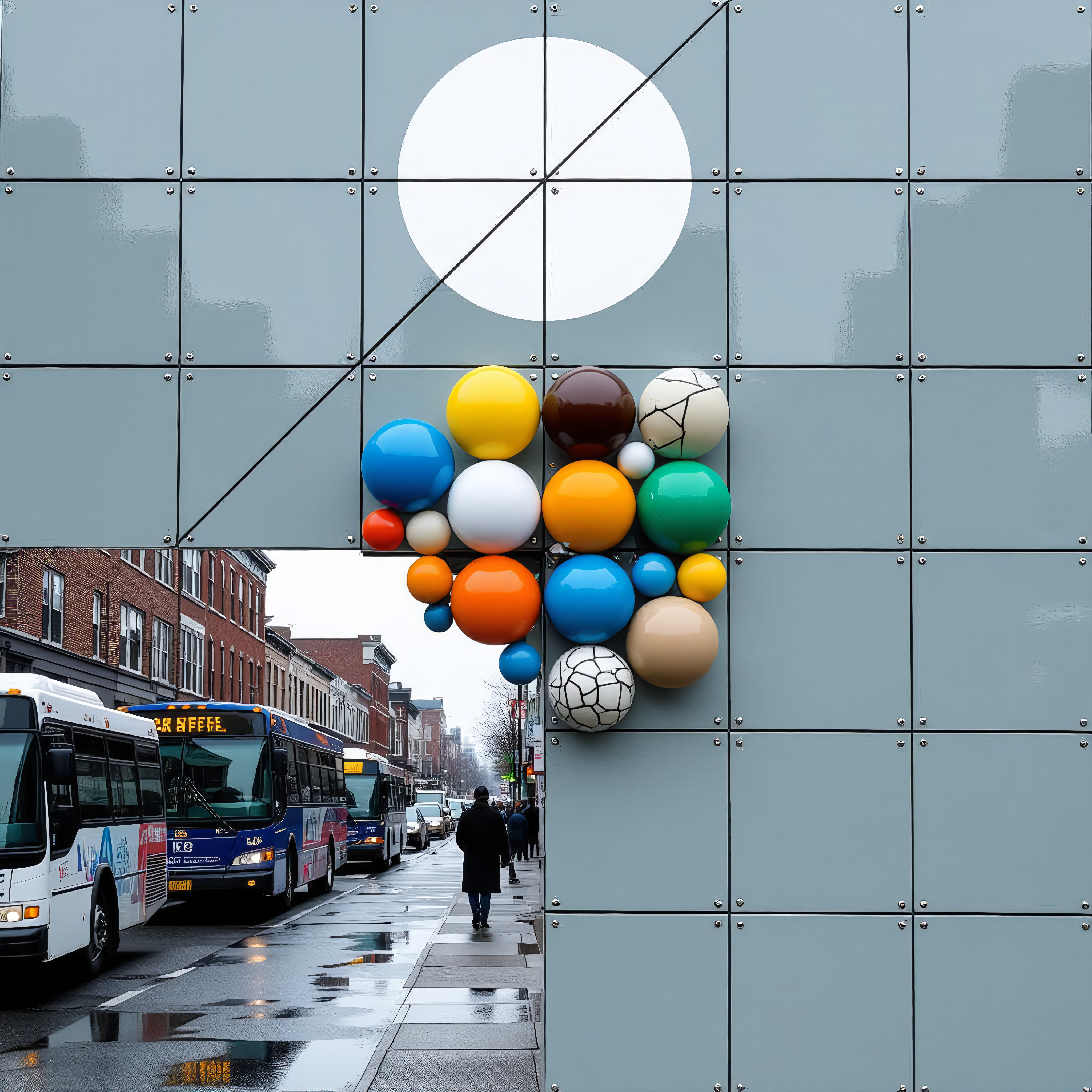Colorful sphere sculpture on modern building with rainy city street and buses