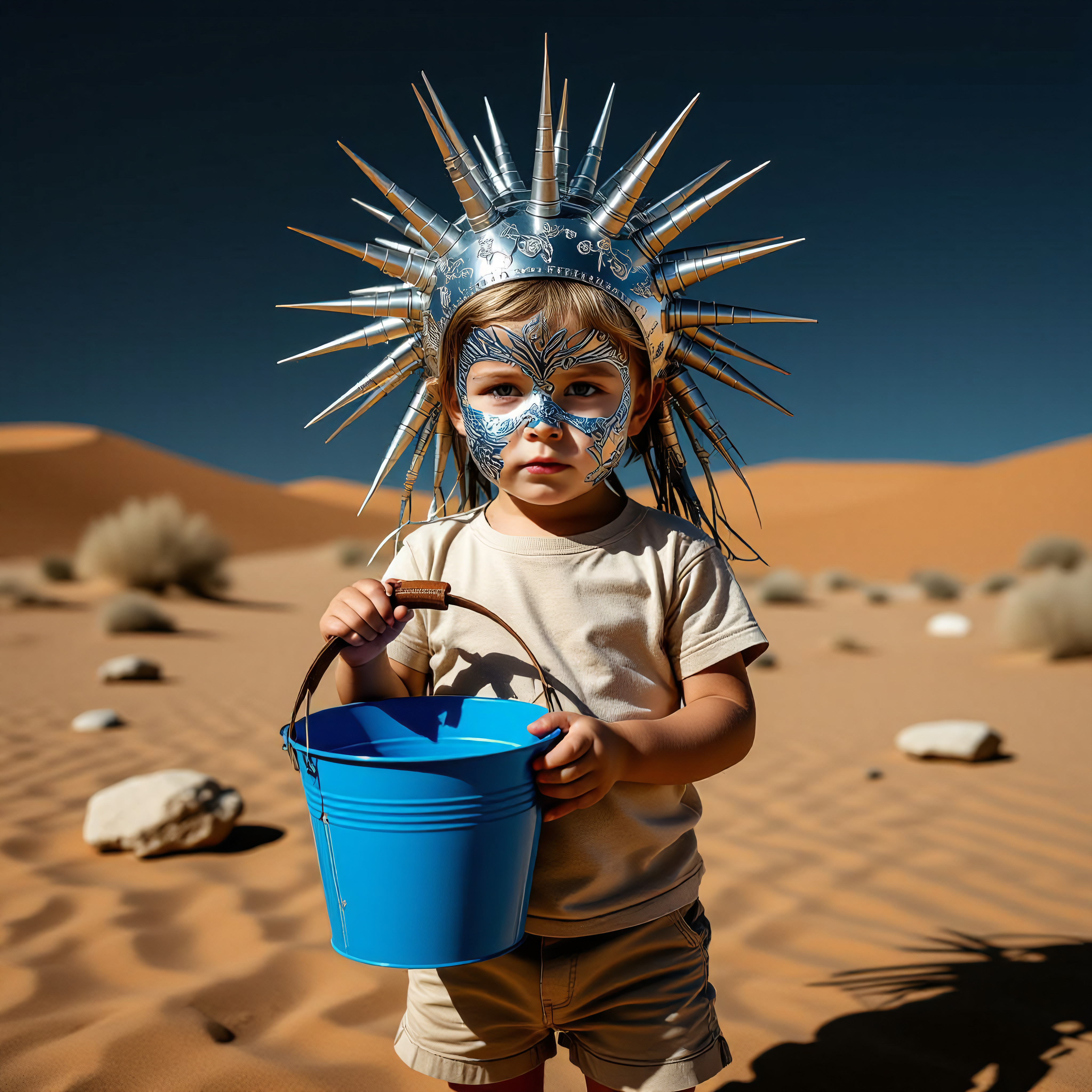 Desert child holding blue bucket, wearing metallic spiked crown and face paint on sand dunes