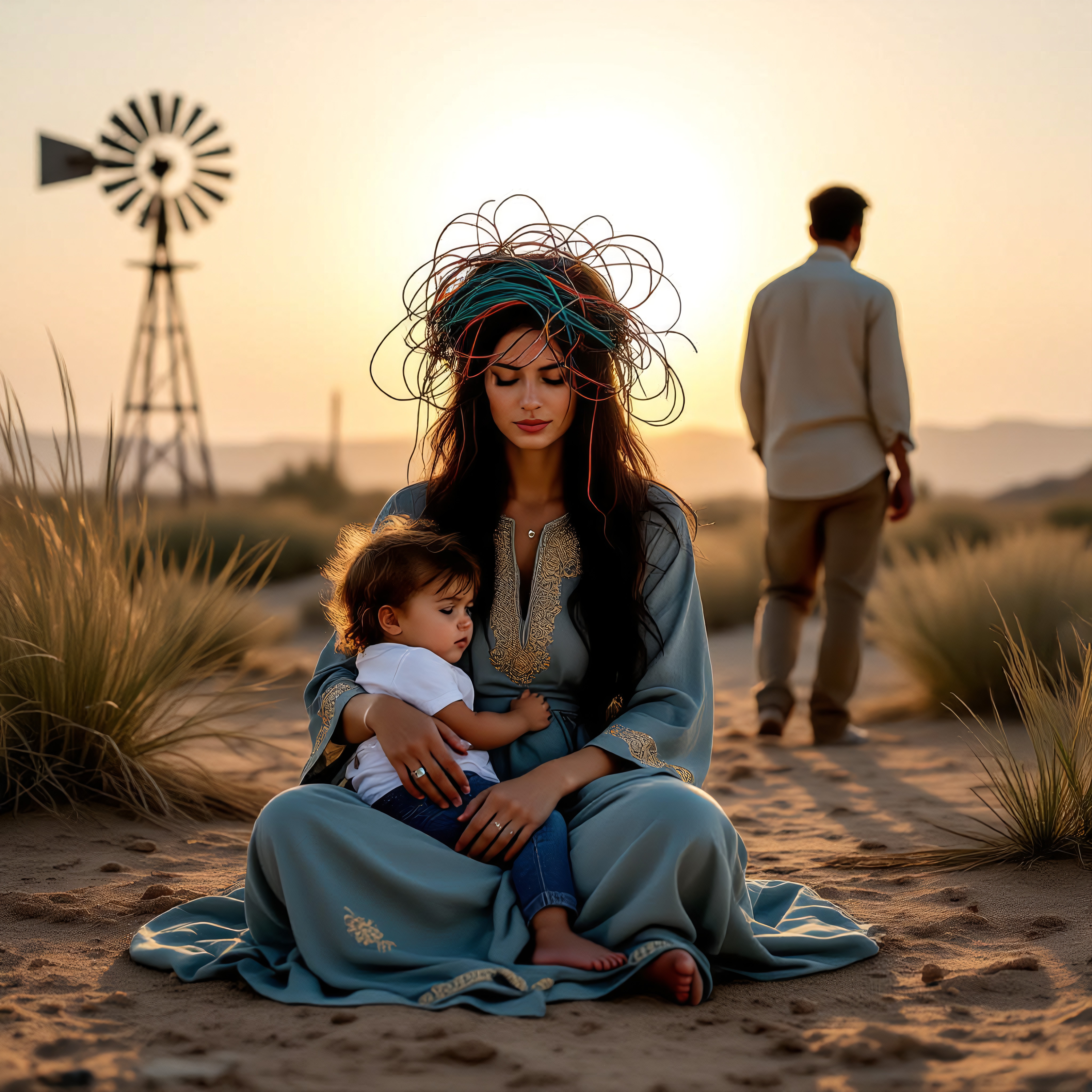A woman holding a child in a desert landscape at sunset, with a man walking away and a windmill in the background.