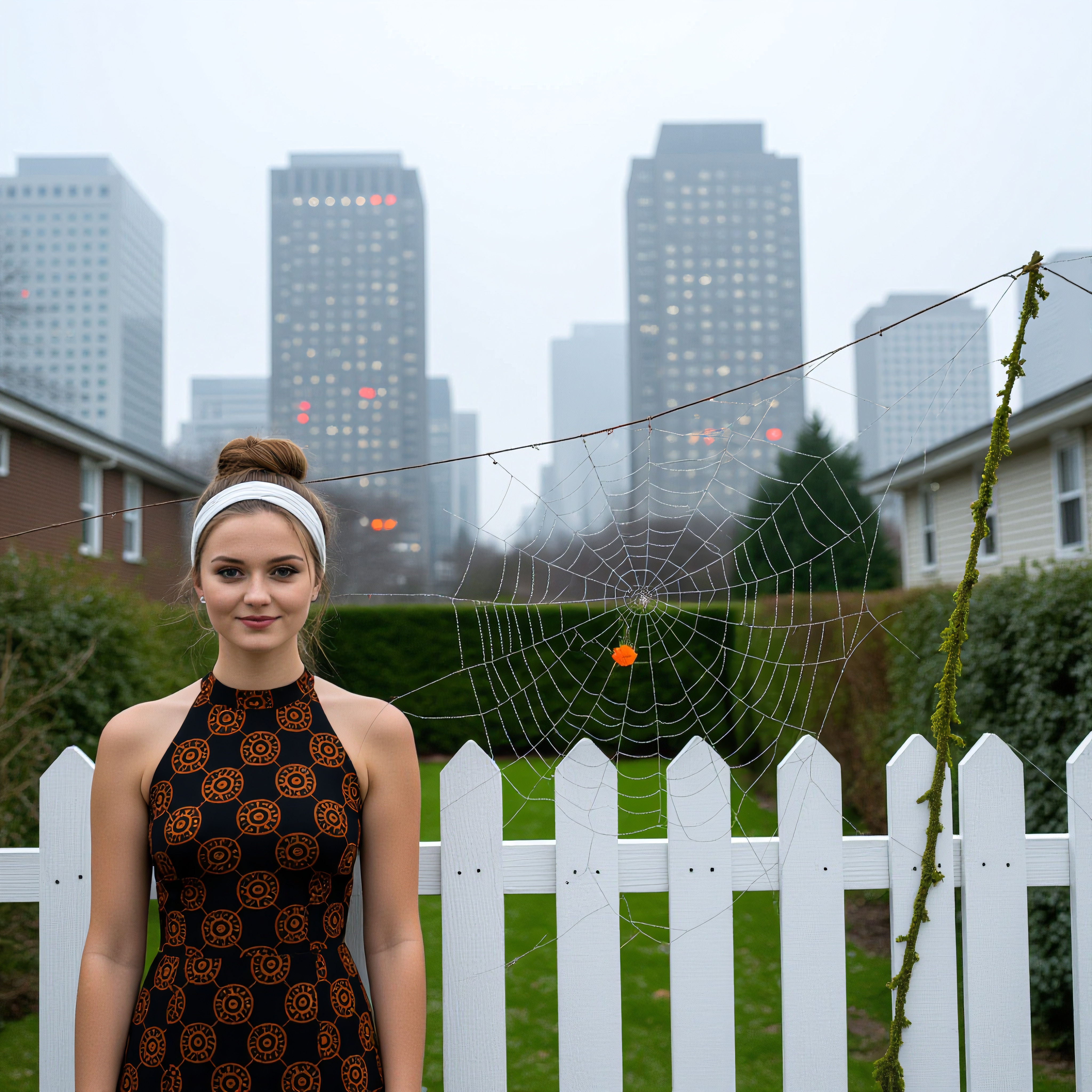 Woman in patterned dress near spider web against city skyline.