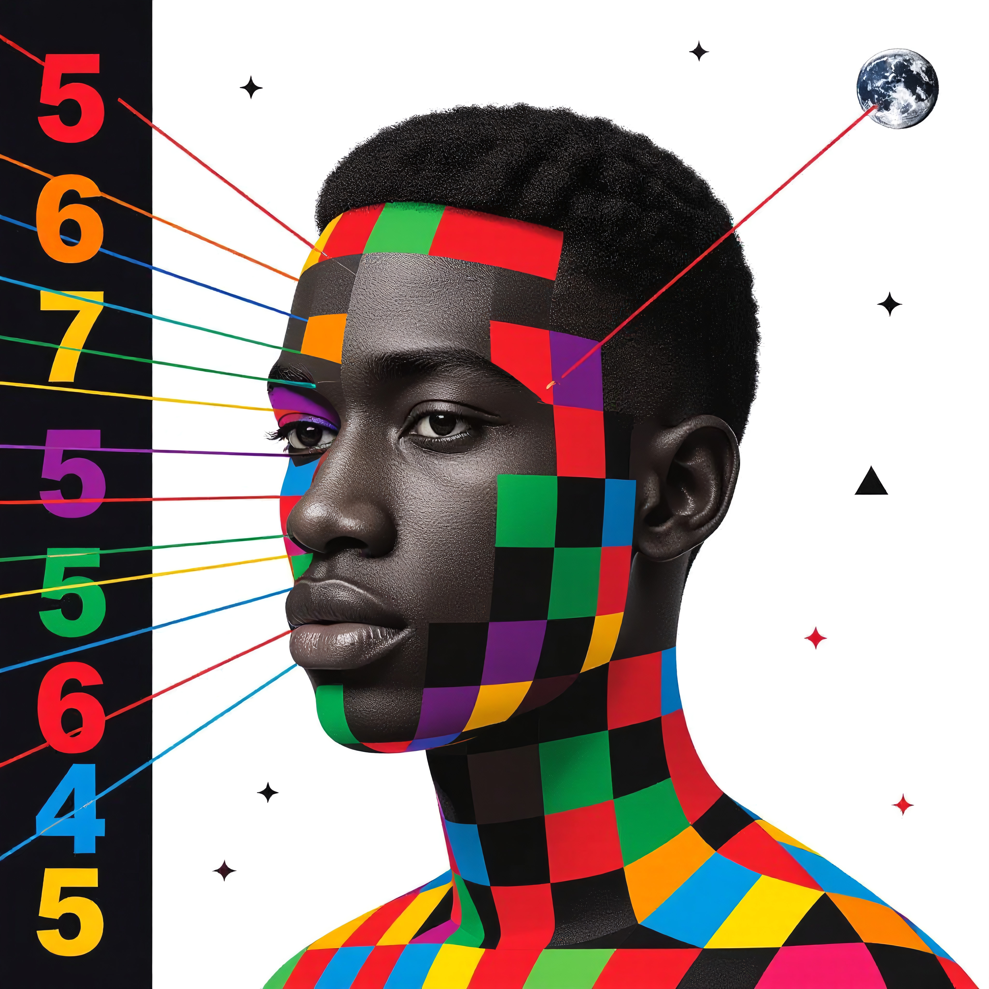 Colorful geometric patterns on a hyperrealistic portrait connecting identity and technology.