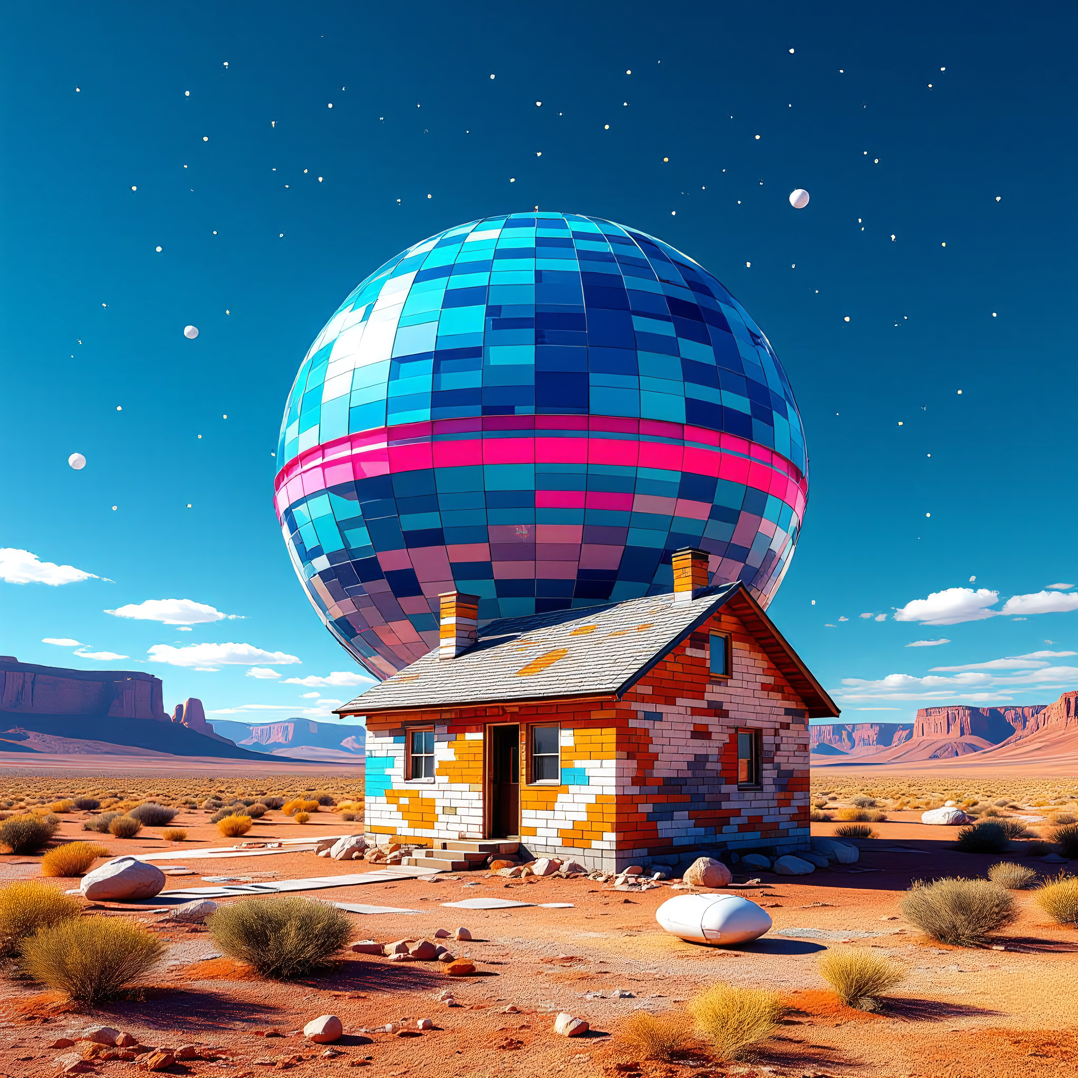 A surreal image of a colorful disco-ball-like sphere atop a small house in a desert landscape under a starry sky.