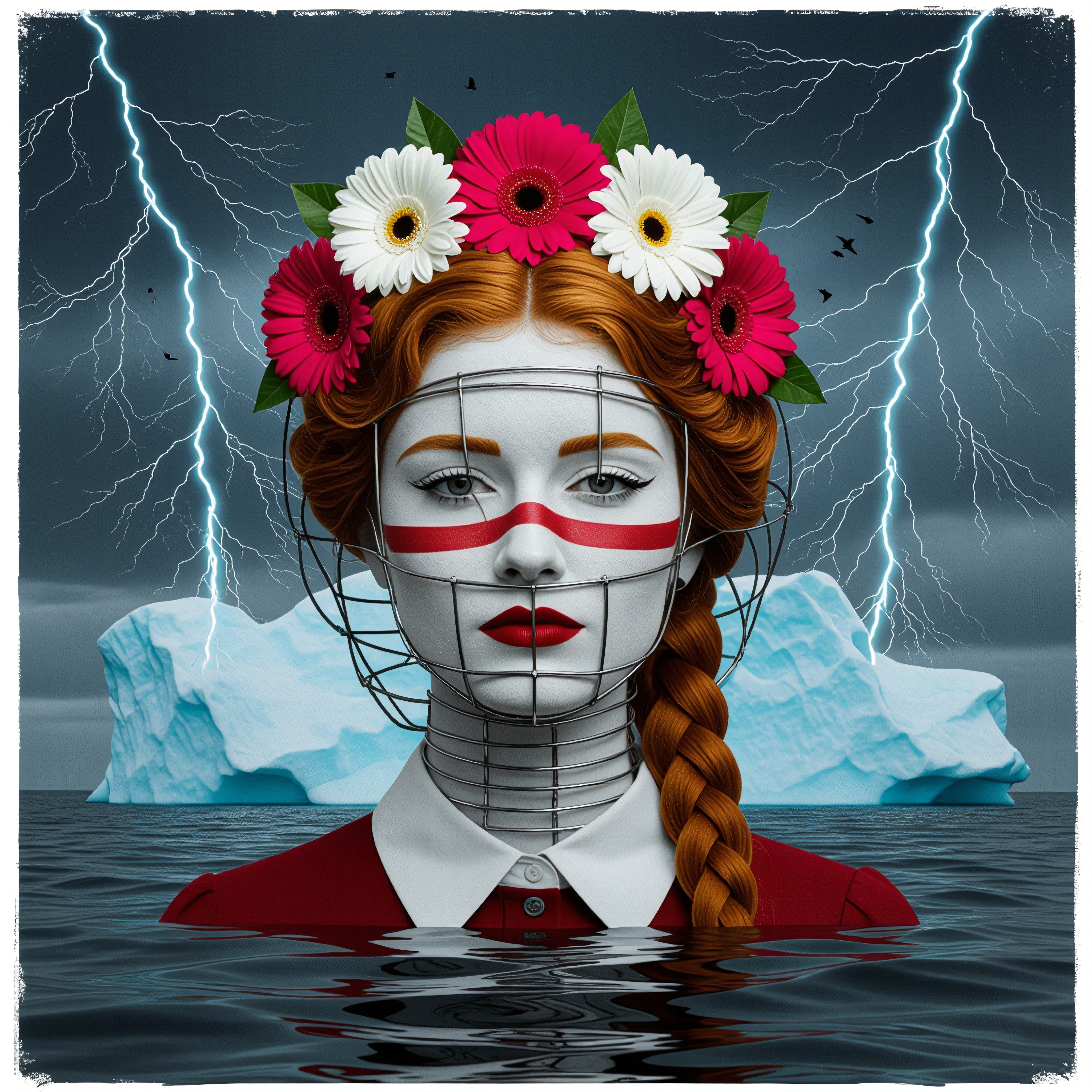 A surreal image of a woman with flowers in her hair submerged in icy waters with lightning and iceberg background.