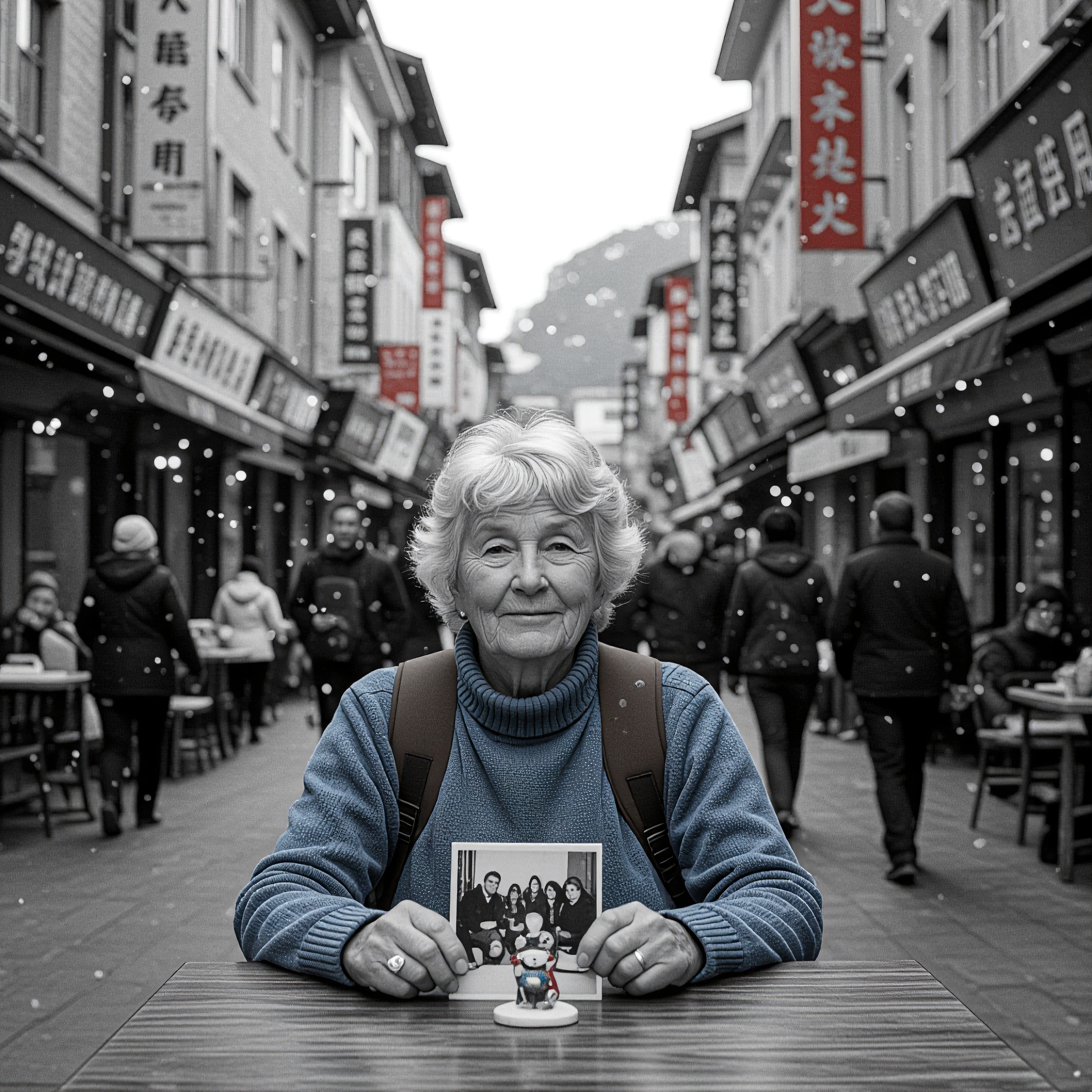 Elderly woman holds cherished photo amidst snowy Chinatown streetscape