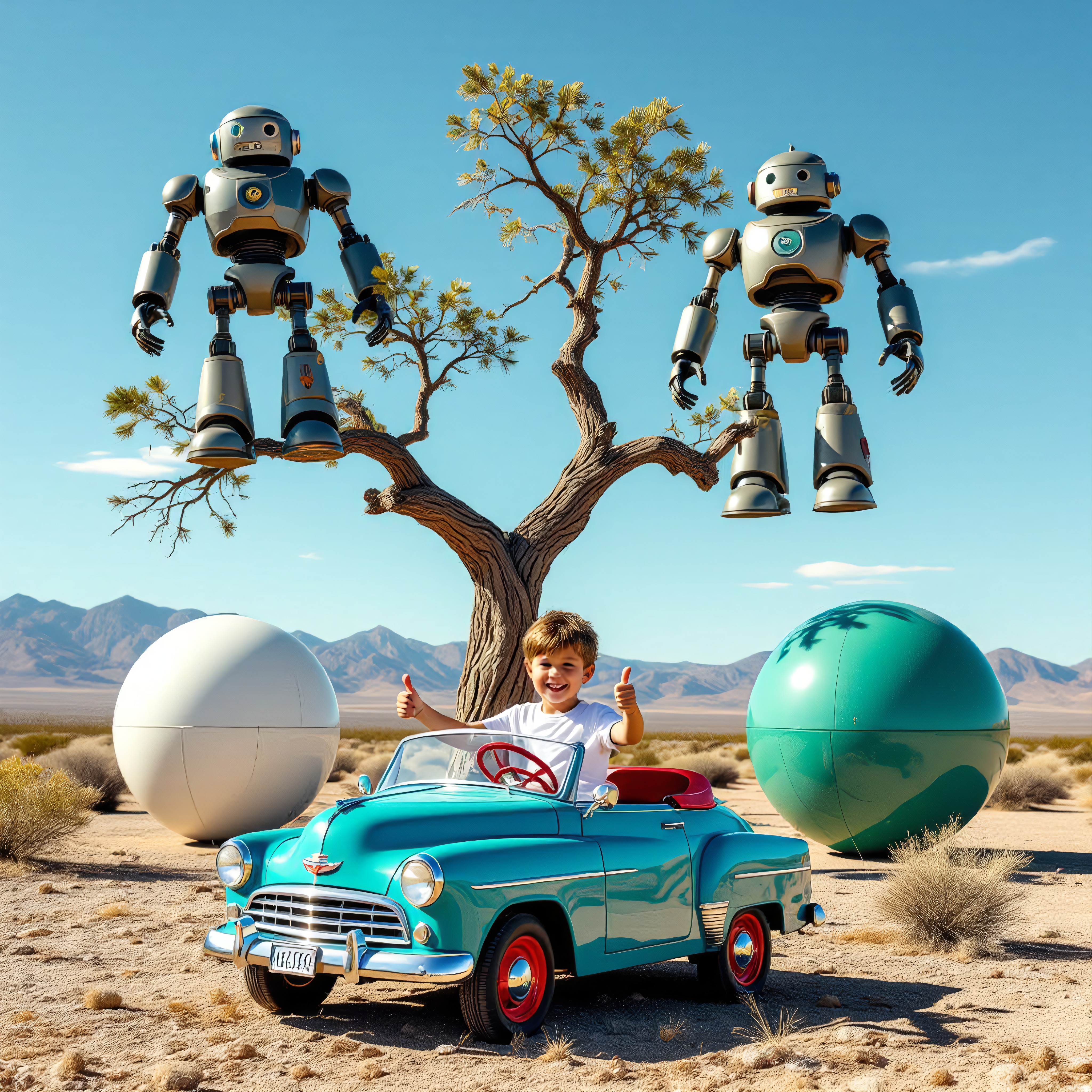 A young boy with two levitating robots and spheres in a colorful desert setting.