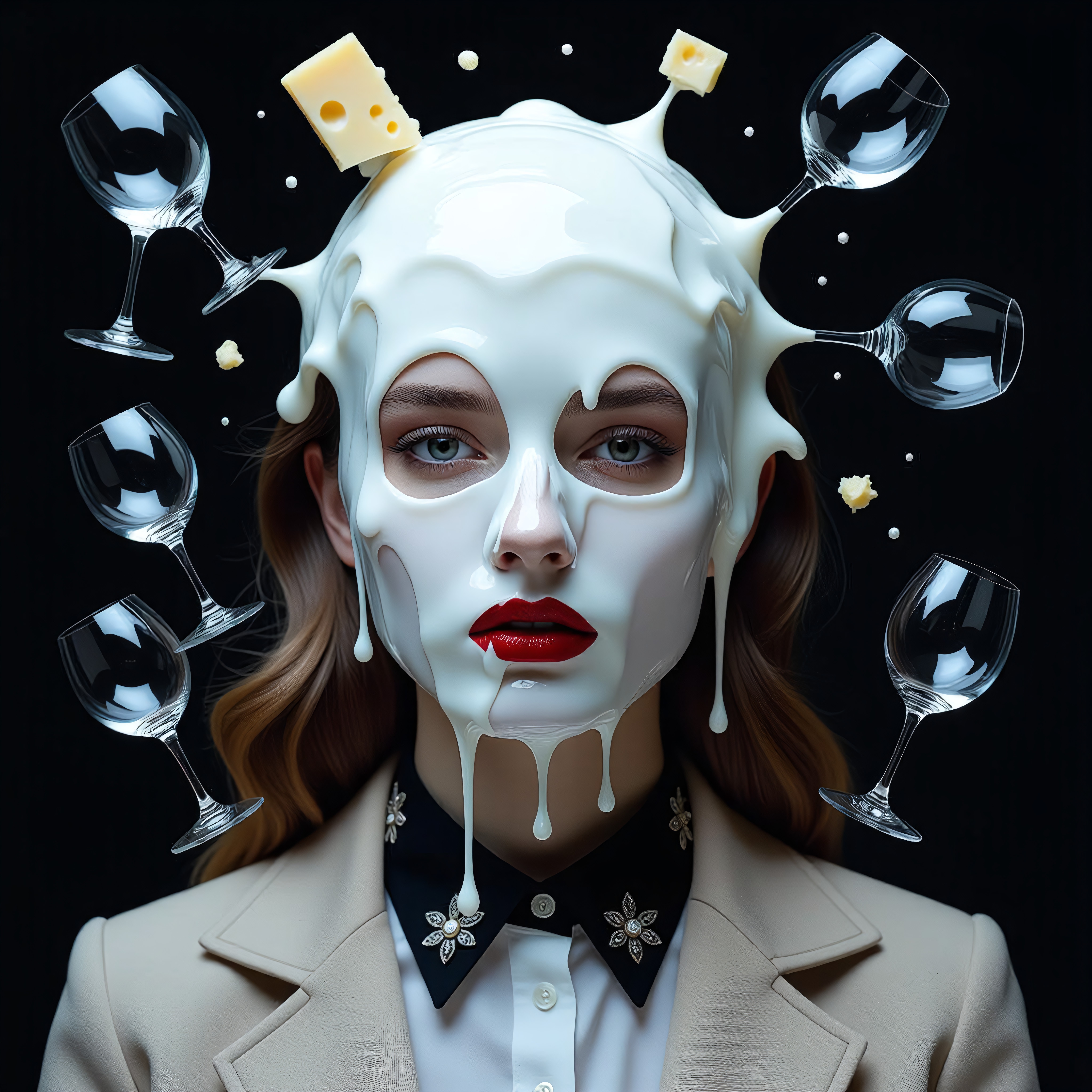 Surreal portrait of a woman with milk mask and floating glass goblets and cheese.
