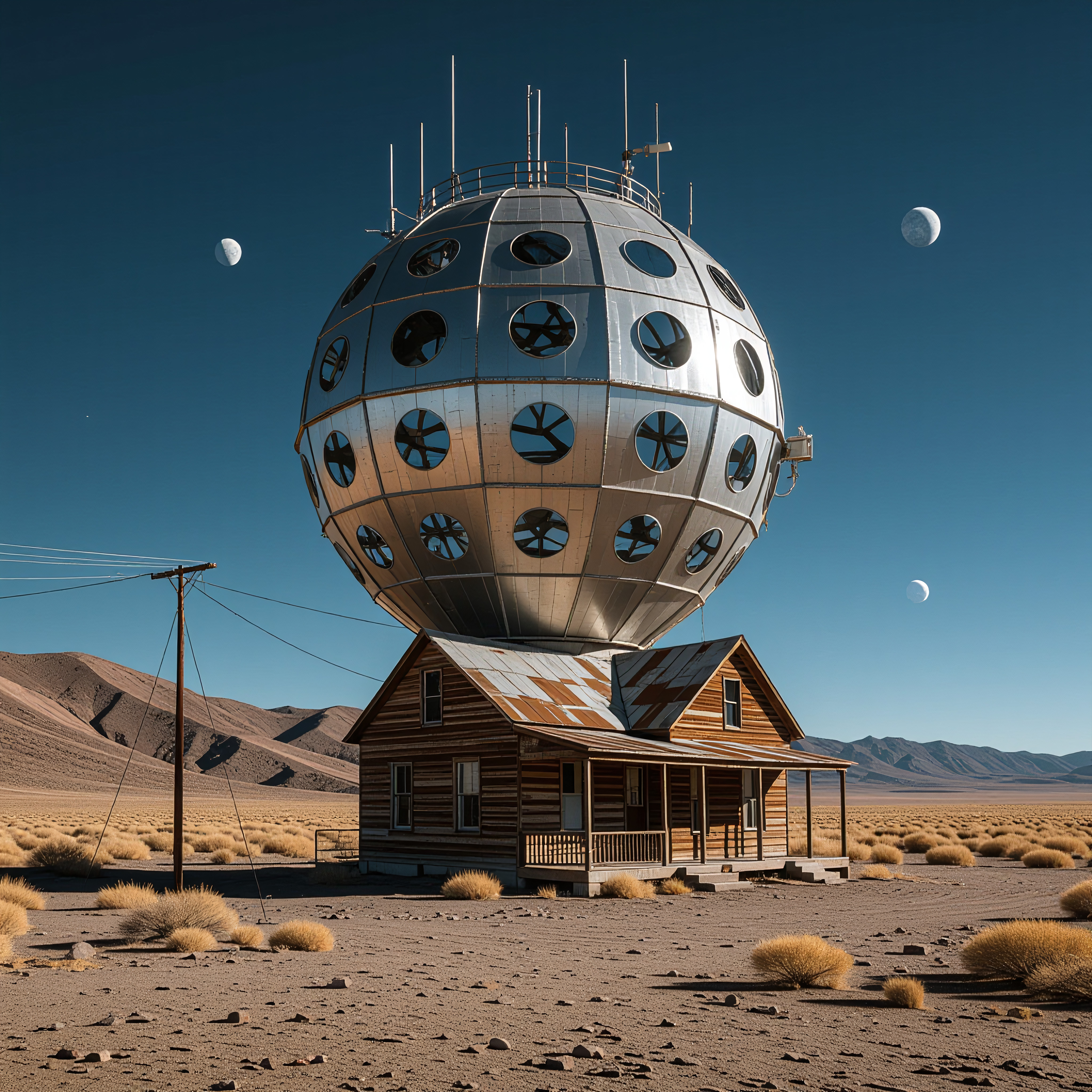 Surreal desert house topped by giant metallic flying saucer-like dome with multiple moons overhead