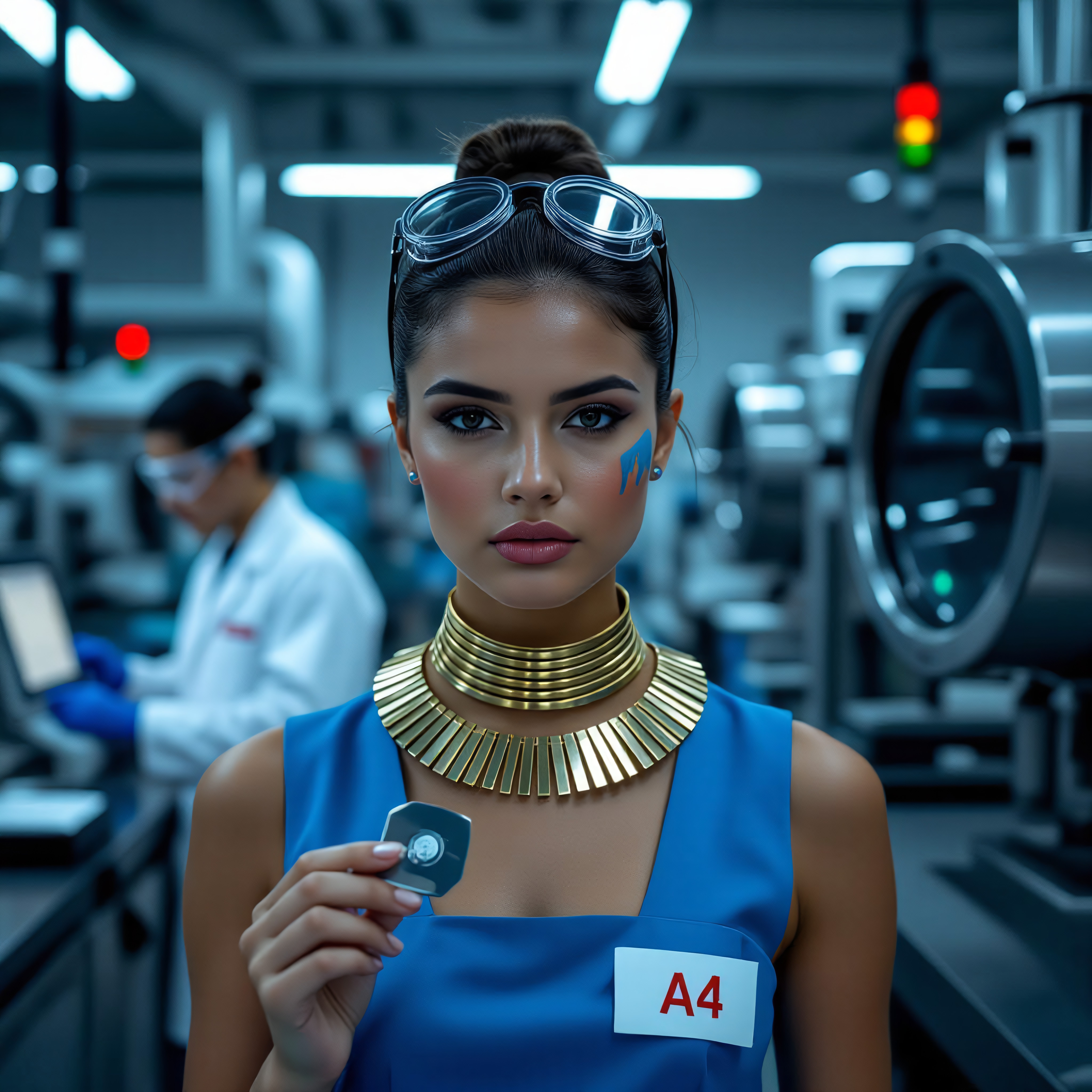 A woman in a futuristic lab holds a device, embodying innovation and style.