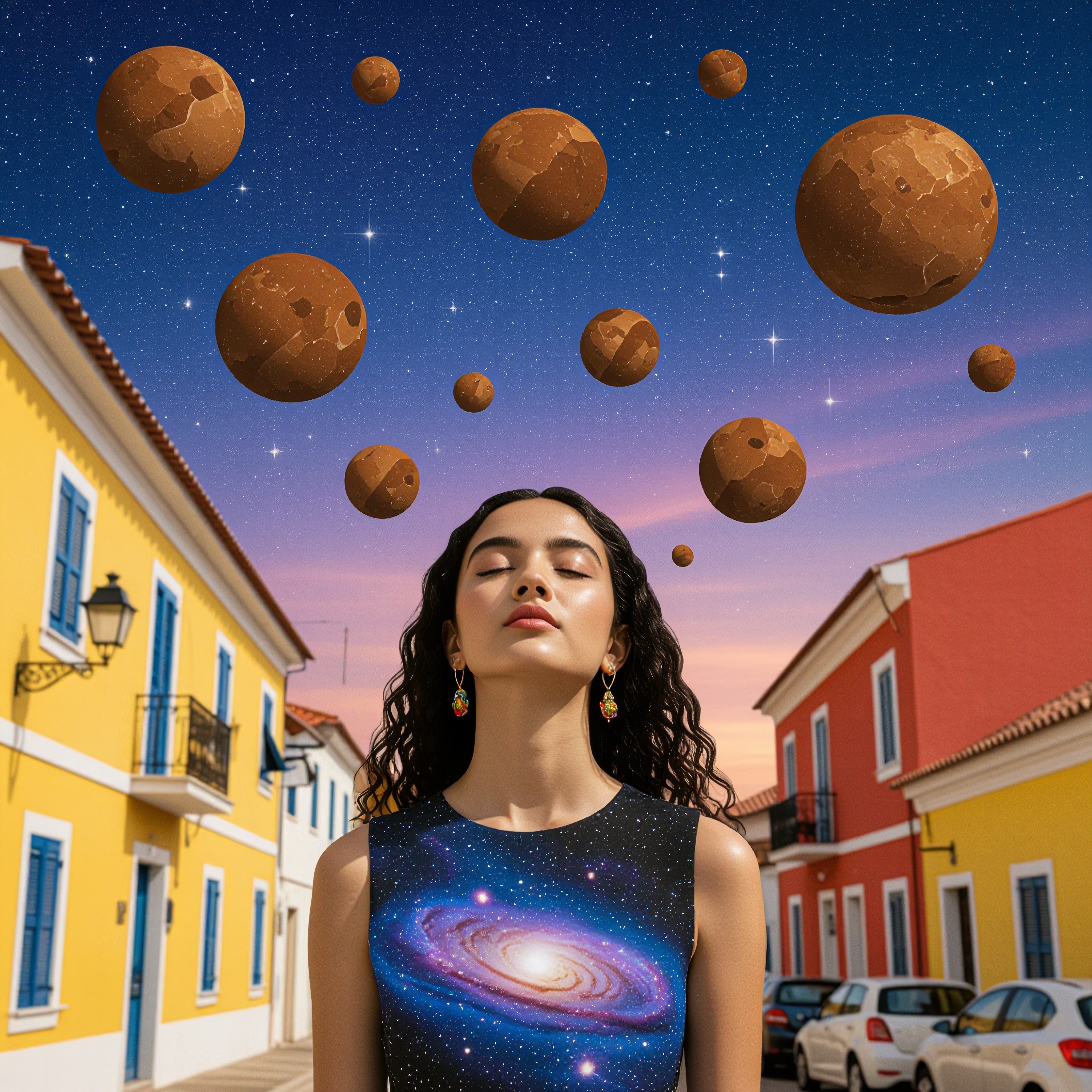 A surreal scene of a woman in a galaxy dress, eyes closed, amidst vibrant village and floating planets under a twilight sky.