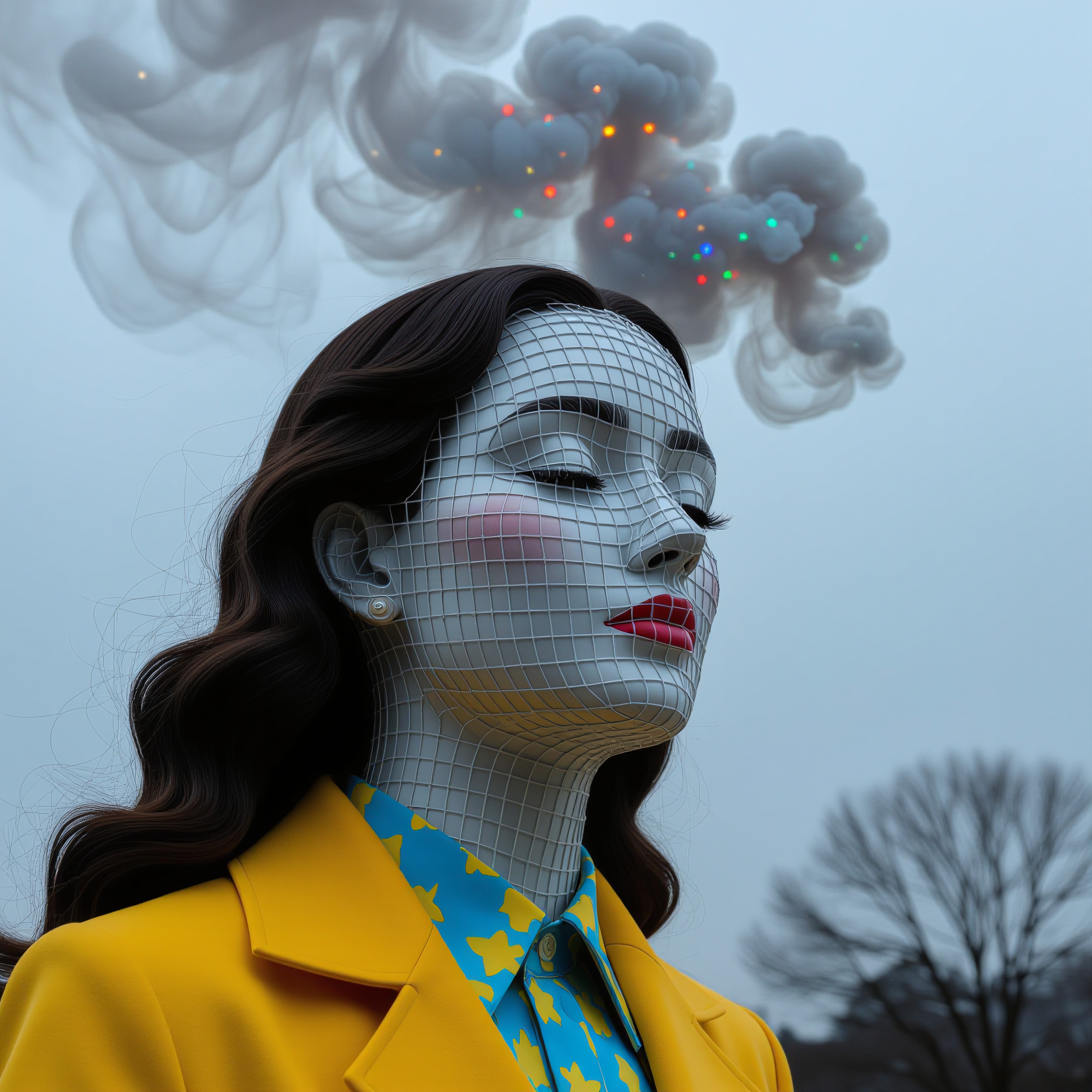 A surreal portrait of a woman with a grid-face and vibrant colors against a cloudy backdrop with colorful lights.