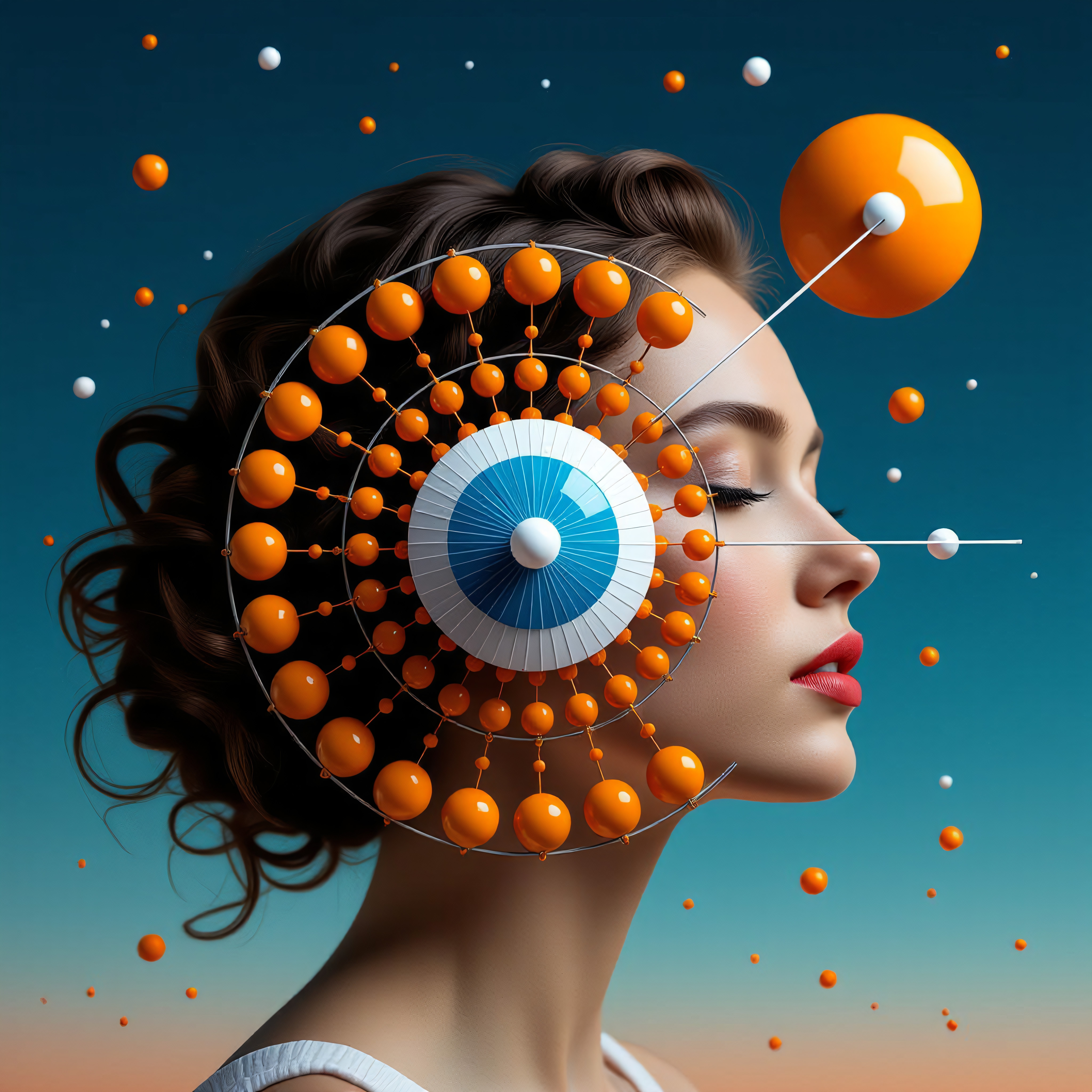 A woman’s face intertwined with vibrant abstract spheres creates a captivating, surreal scene with a scientific and artistic flair.