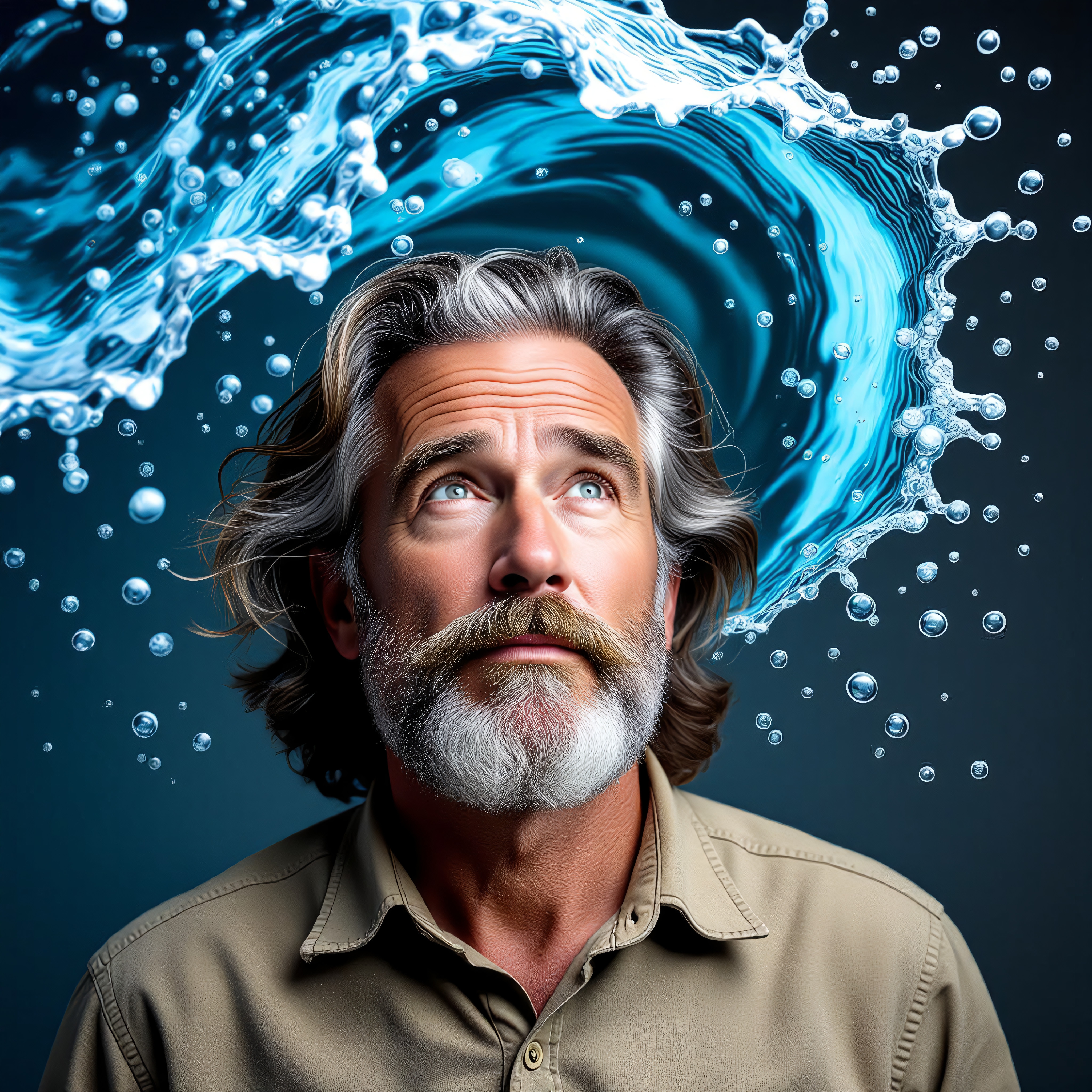 A mature man with gray hair and a beard looks thoughtfully upwards with a swirling water backdrop.