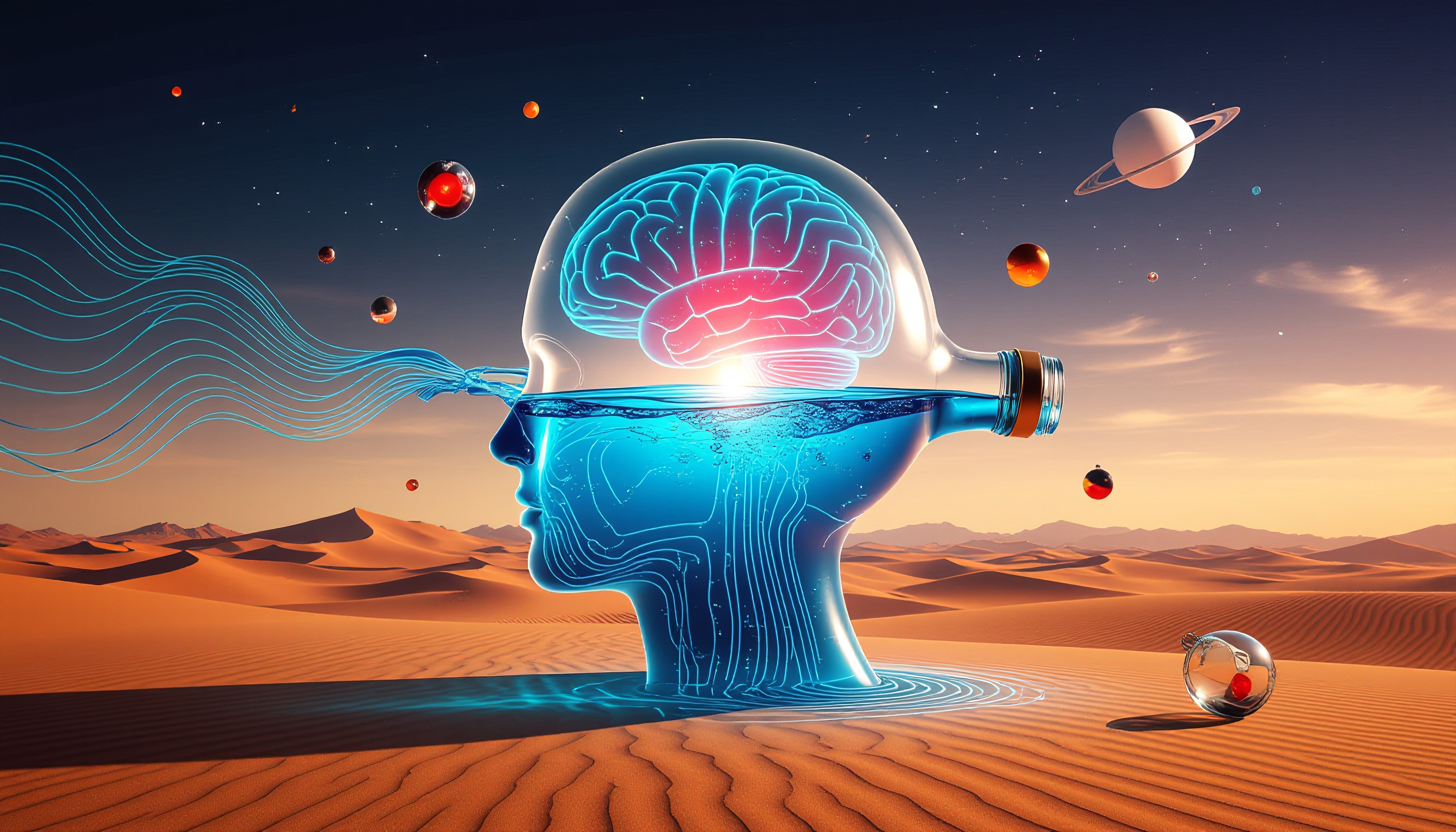 A surreal depiction of a transparent head in a desert with a glowing brain, flowing light, and floating planets under a starry sky.