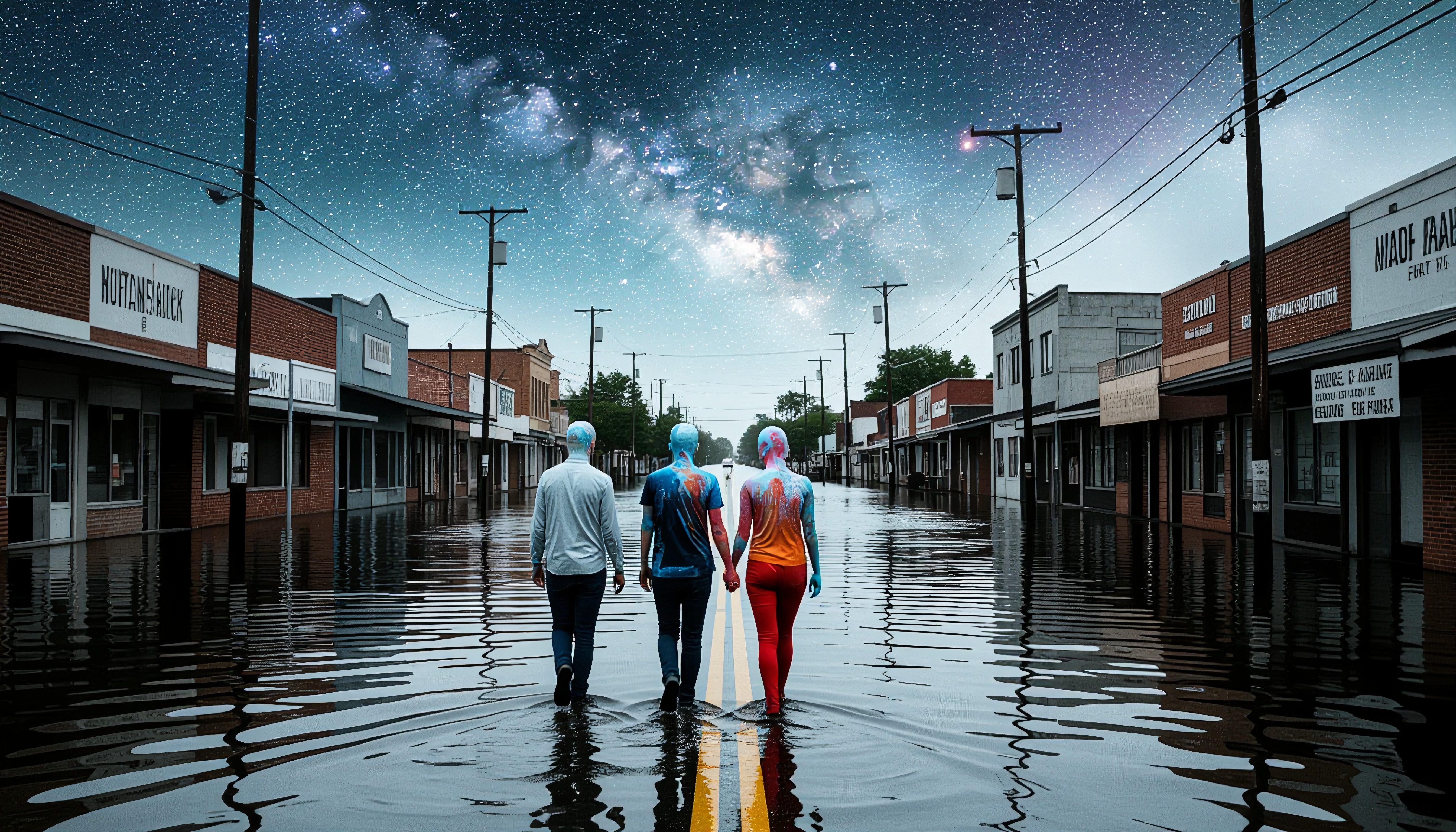 Three colorful figures walk down a flooded street under a stunning starry night sky.
