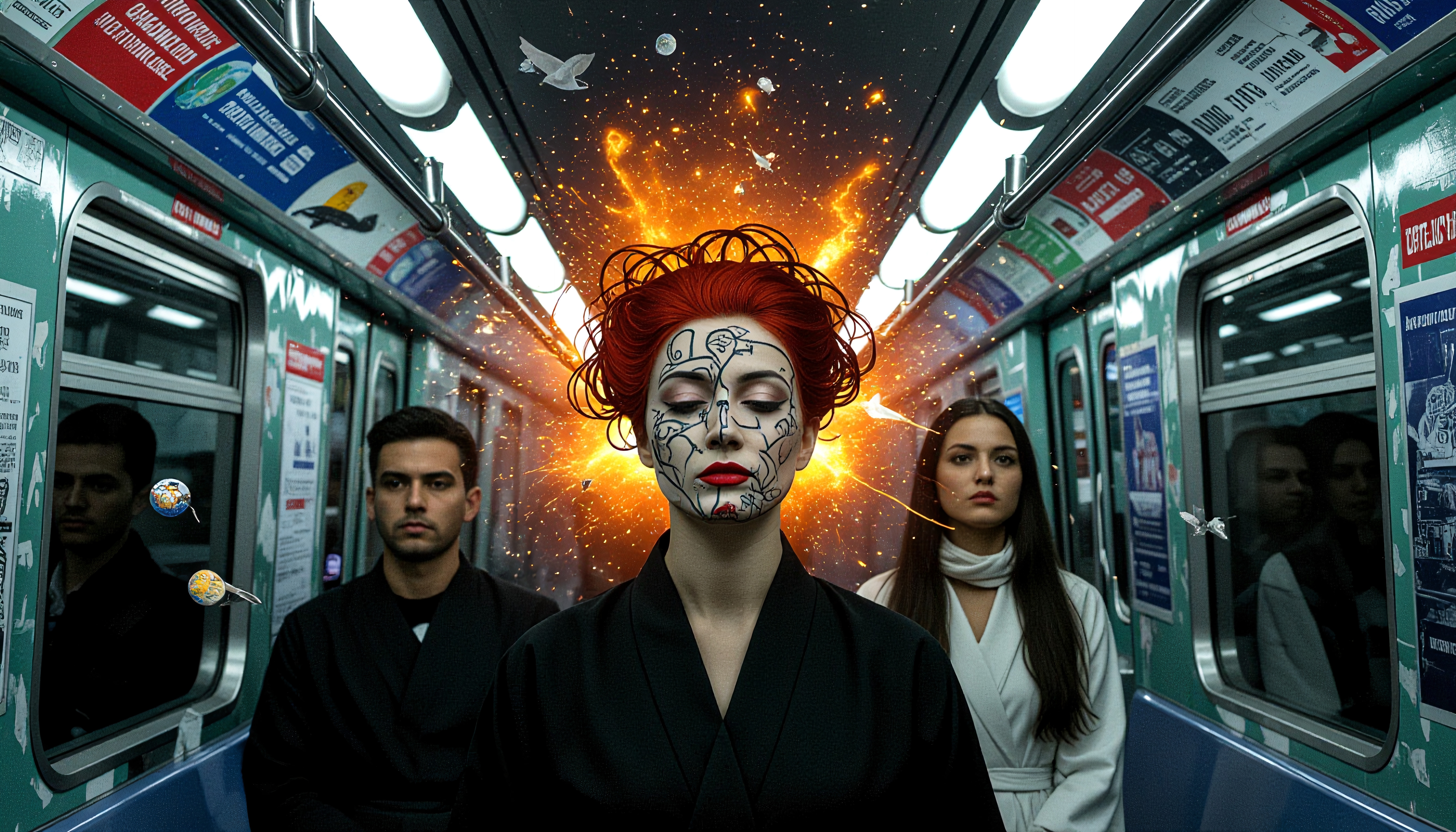 A surreal subway scene with exploding light behind a person with artistic facial designs, flanked by two others.