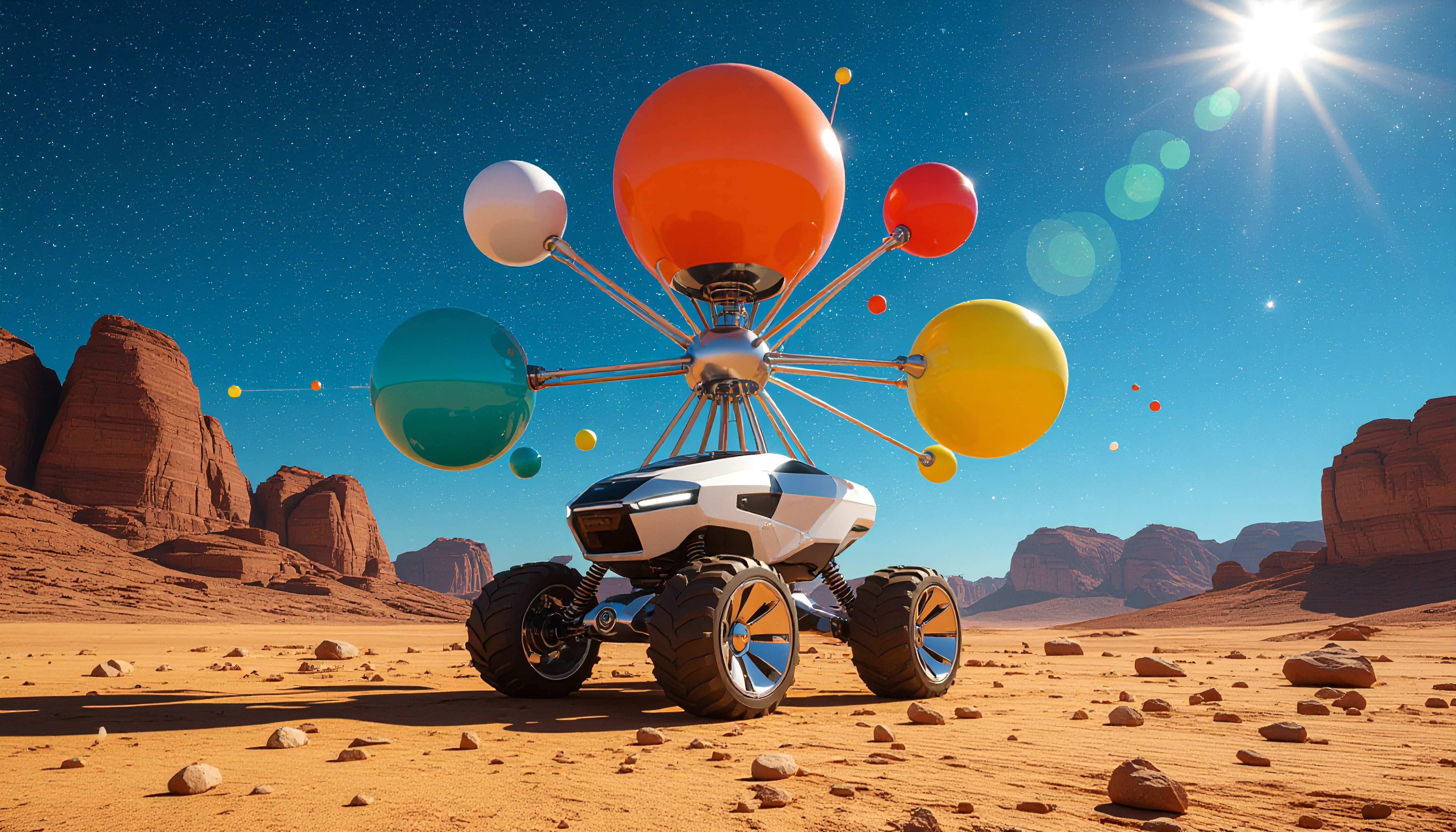 Futuristic rover with colorful spheres on alien desert terrain under a starry sky.