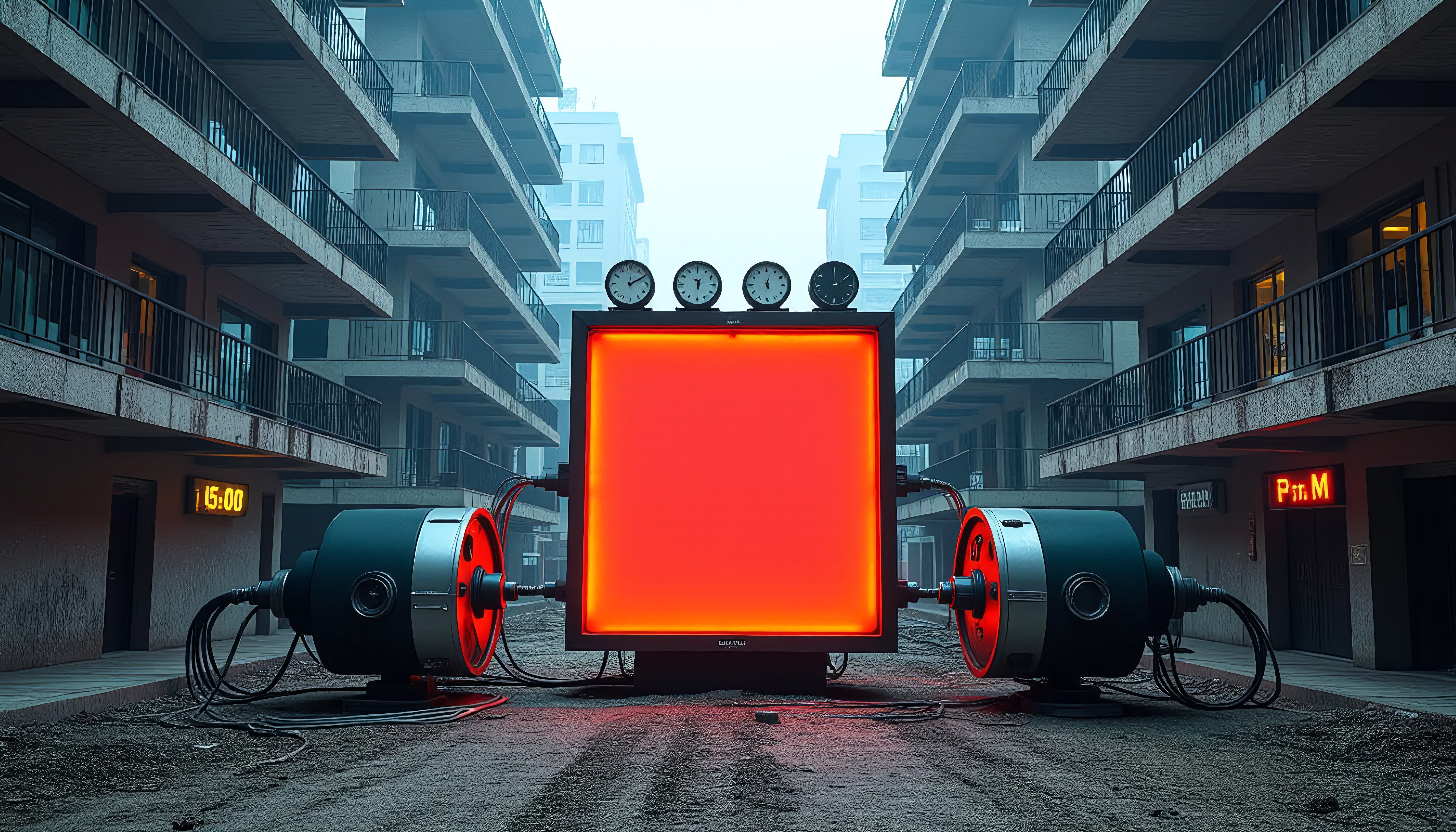 Futuristic urban scene with glowing red installation flanked by industrial machines in a symmetrical building layout.