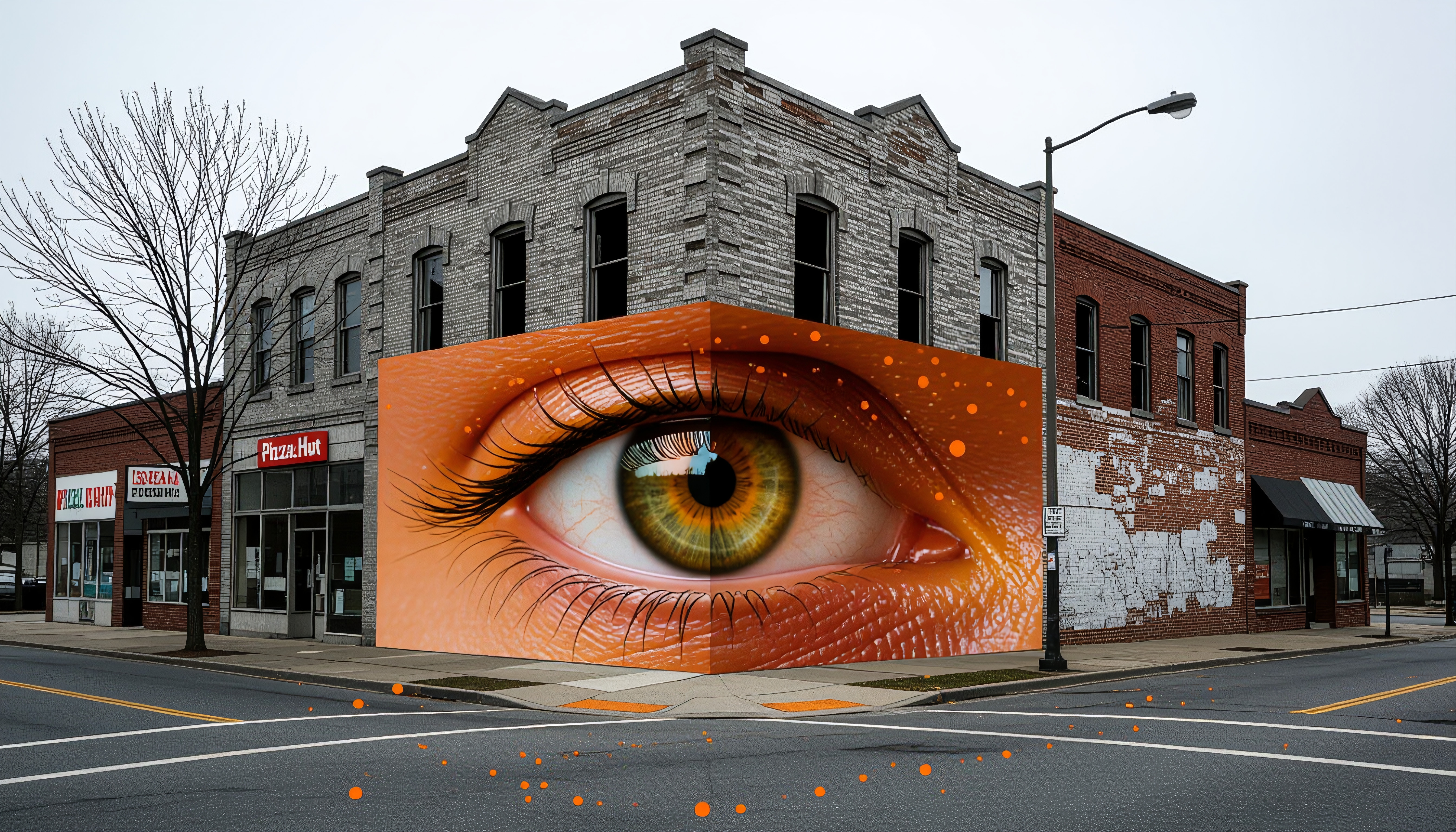 A realistic eye mural wraps around a building corner, creating a striking urban scene.