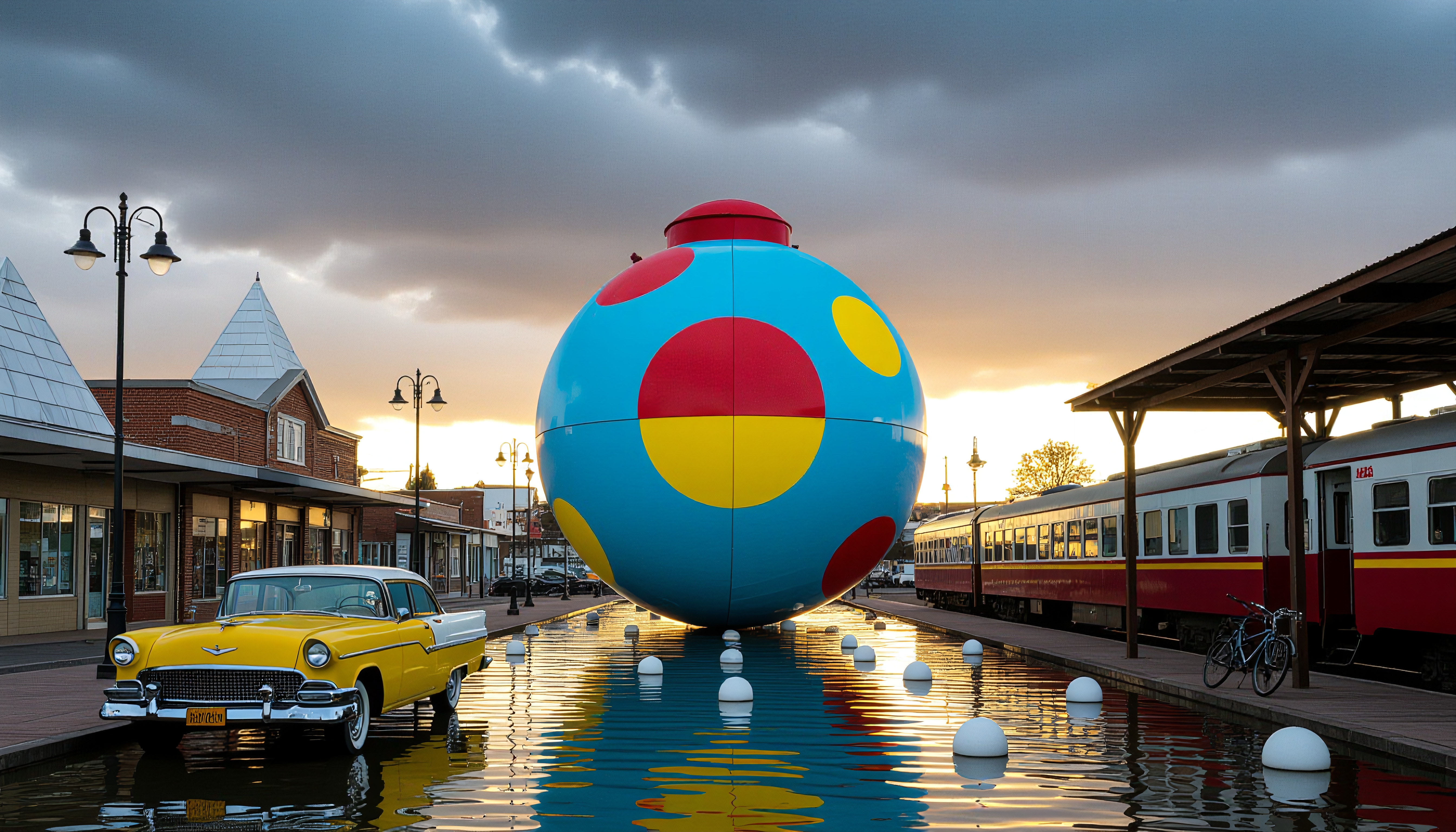 Colorful spherical sculpture with vintage car and train at sunset in a quaint town square.