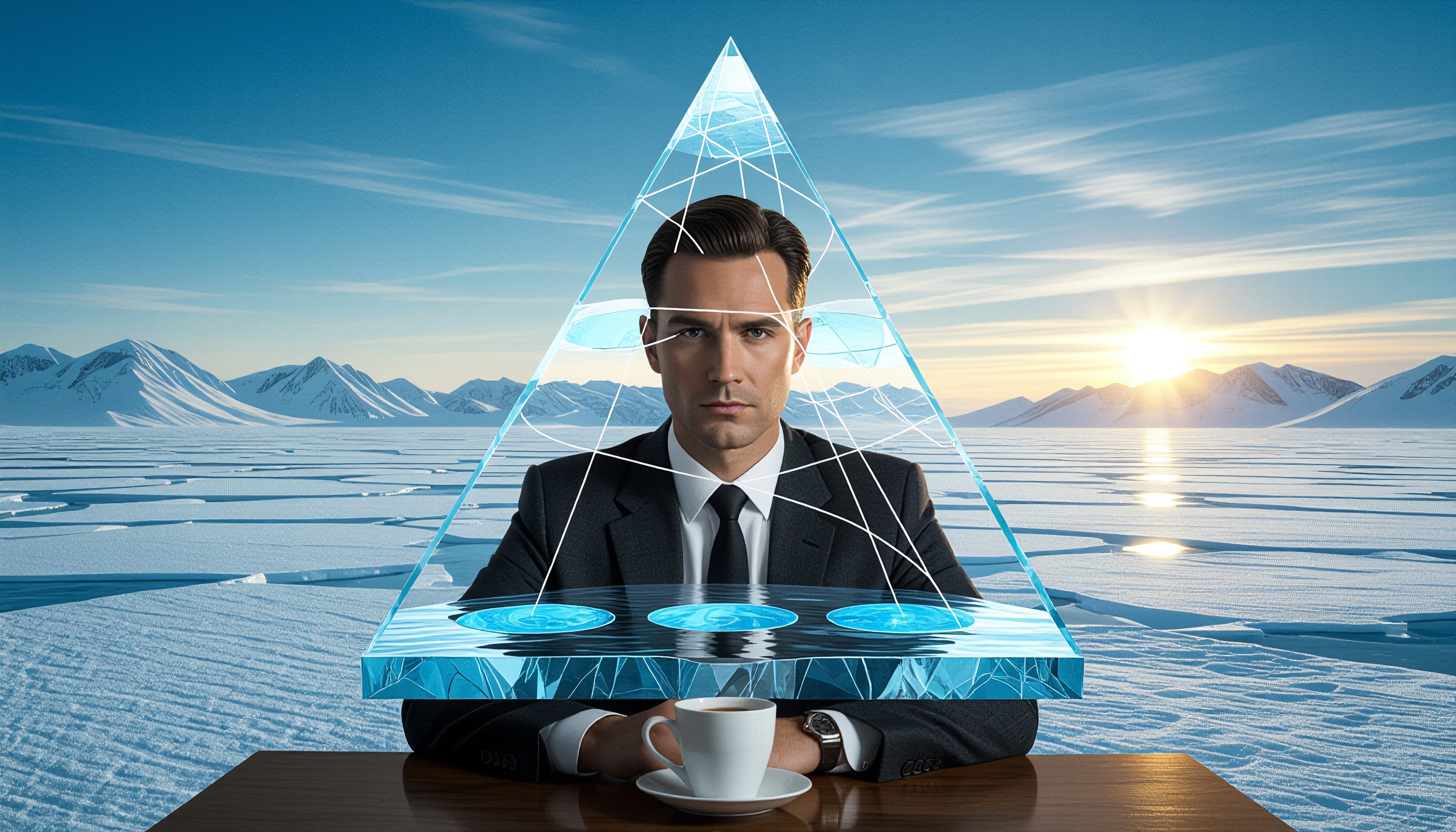 A businessman in a suit with an abstract pyramid and snowy landscape background.