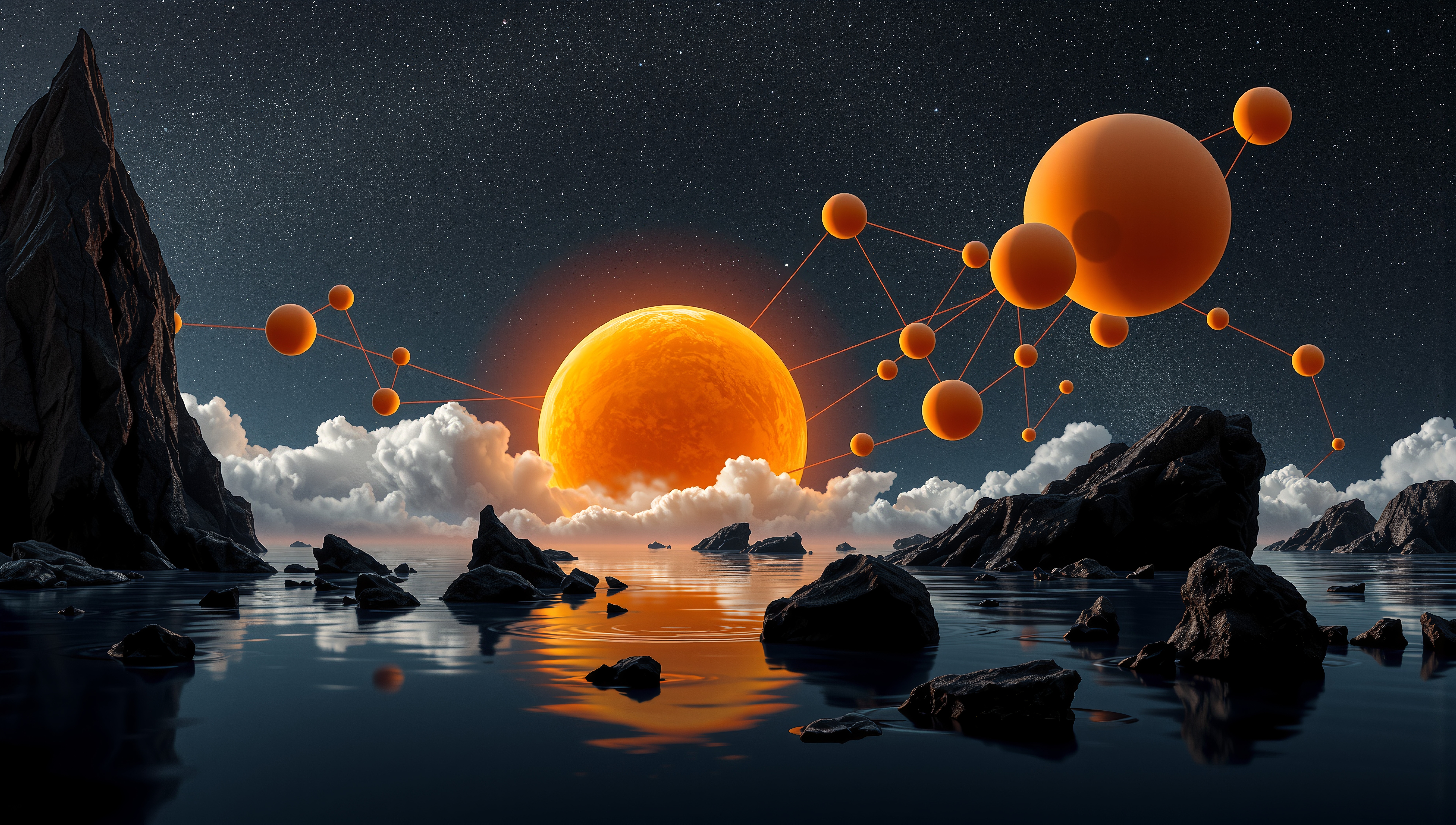 Surreal scene with glowing sun, spheres, and reflective sea.