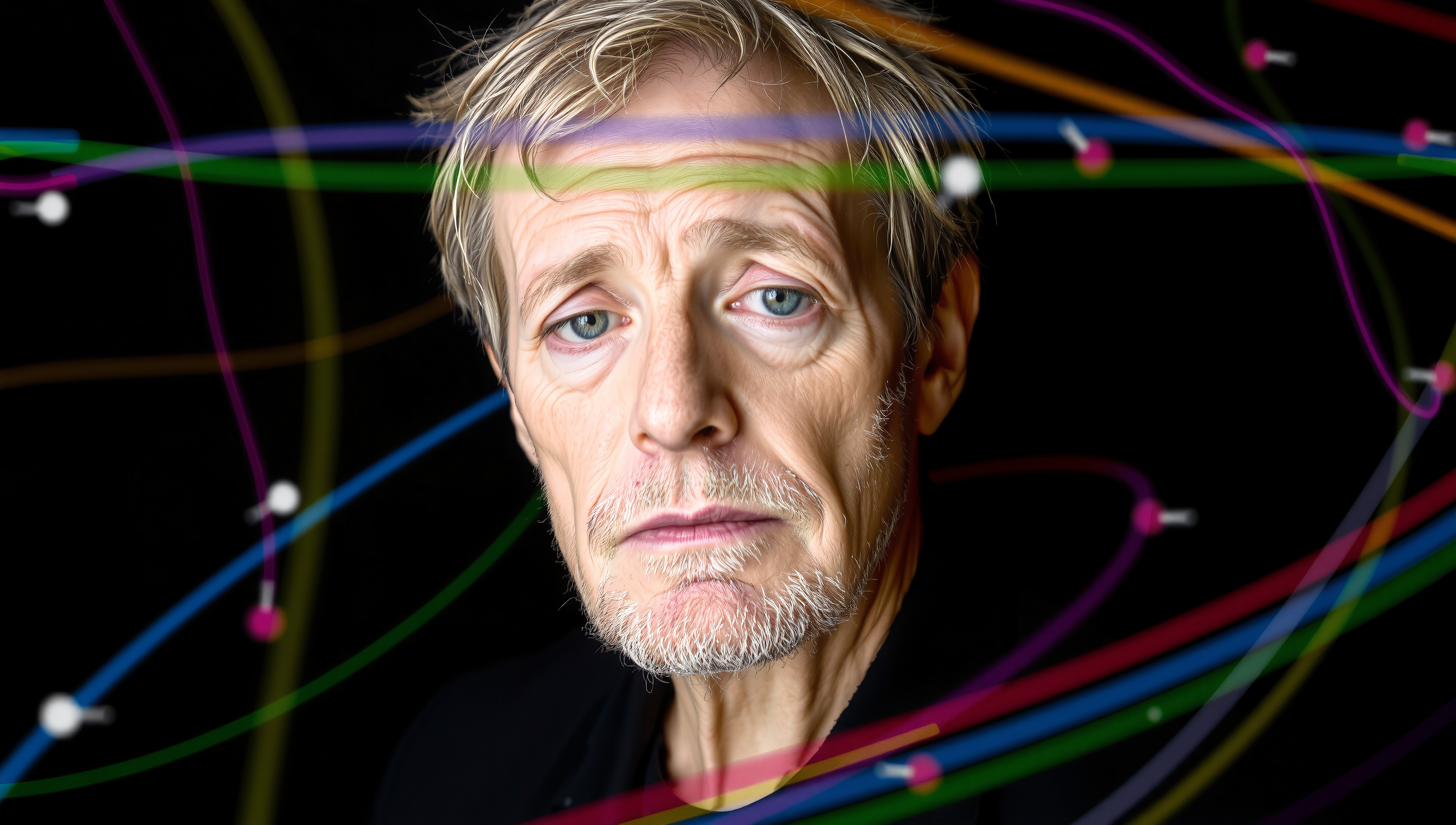 Thoughtful man with colorful abstract lines.