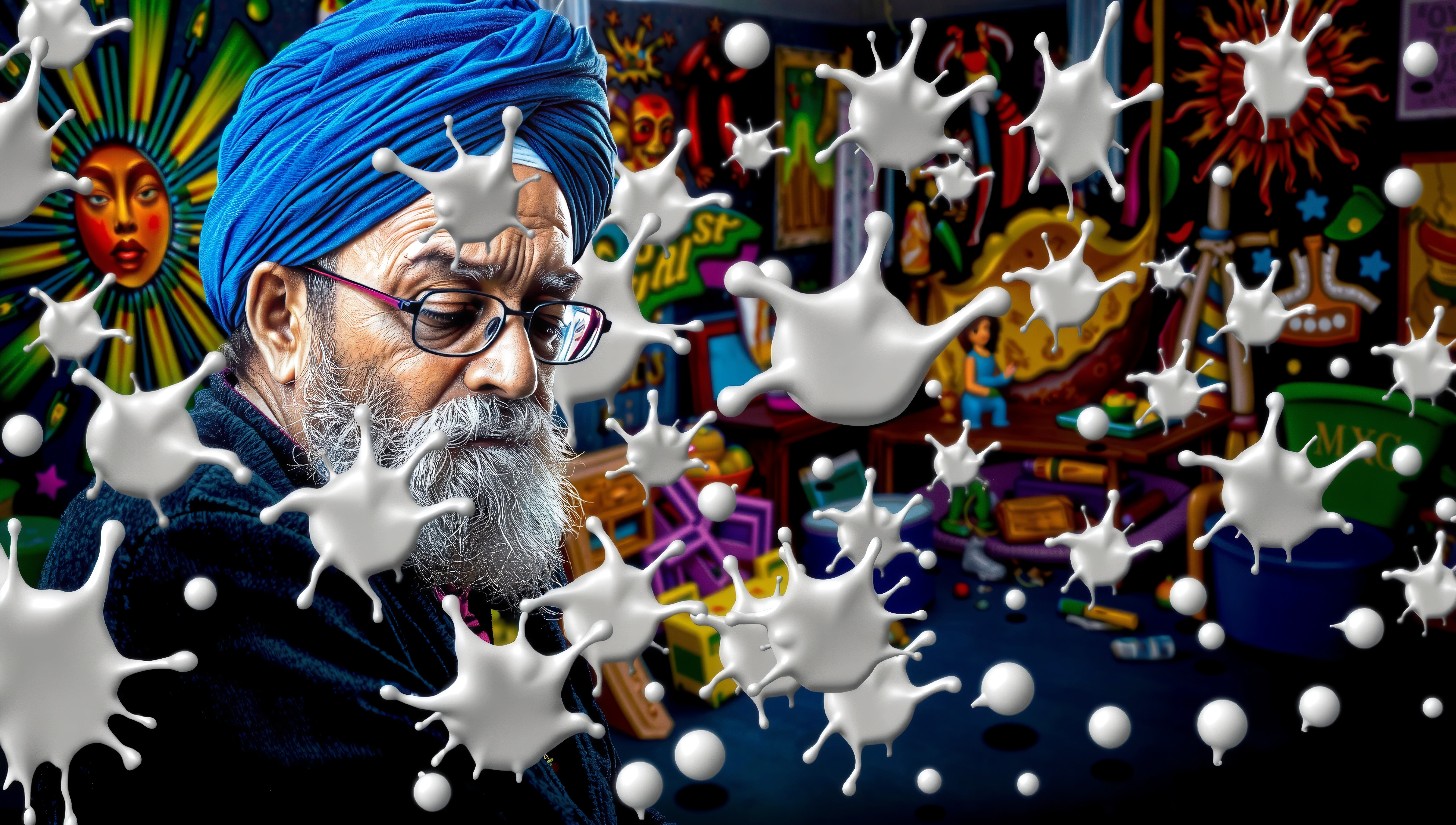 A thoughtful man in a blue turban with colorful graffiti and white splatters in the background.