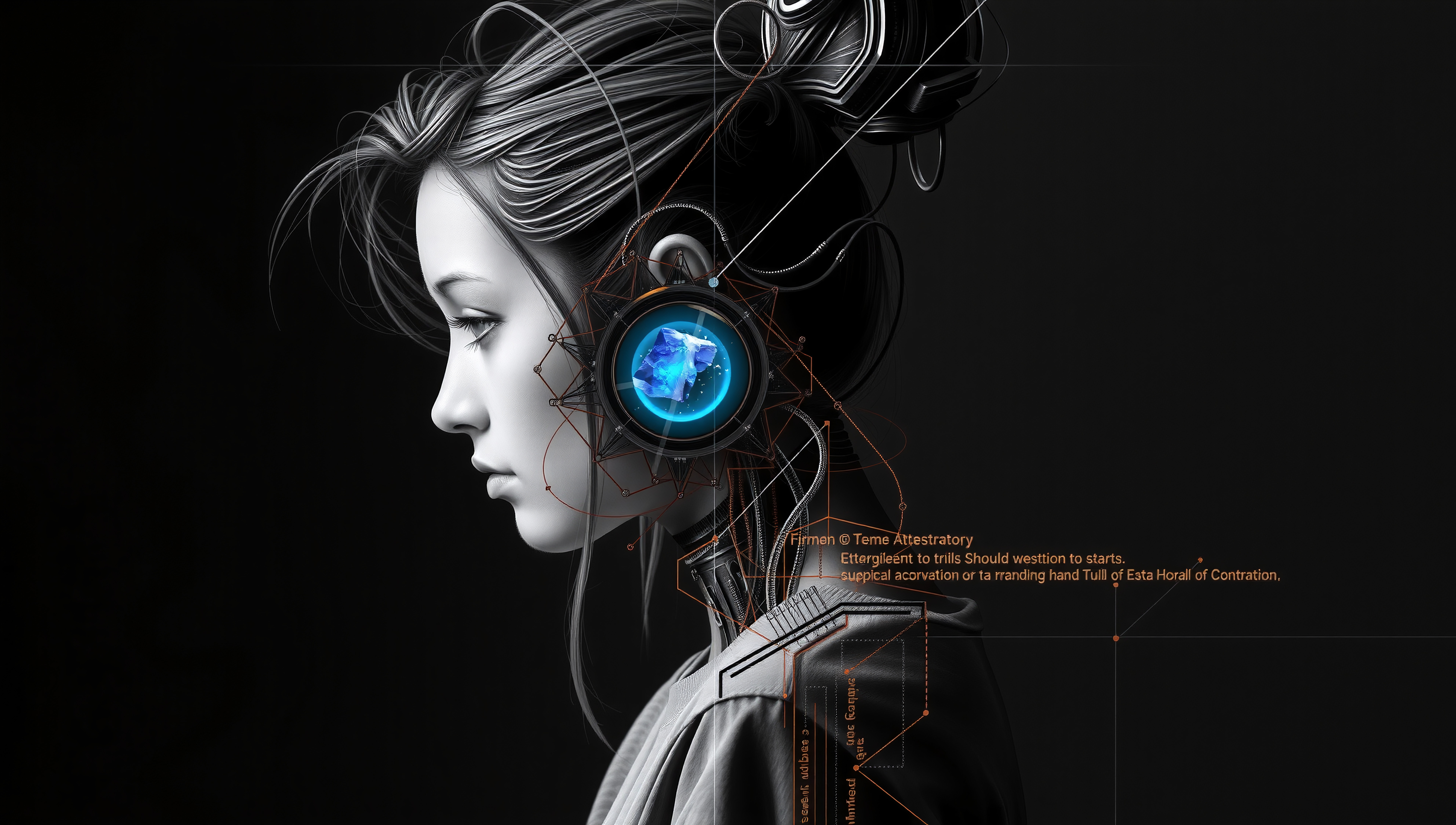 A futuristic female profile with cybernetic enhancements, featuring a glowing blue geometric device, against a black background.