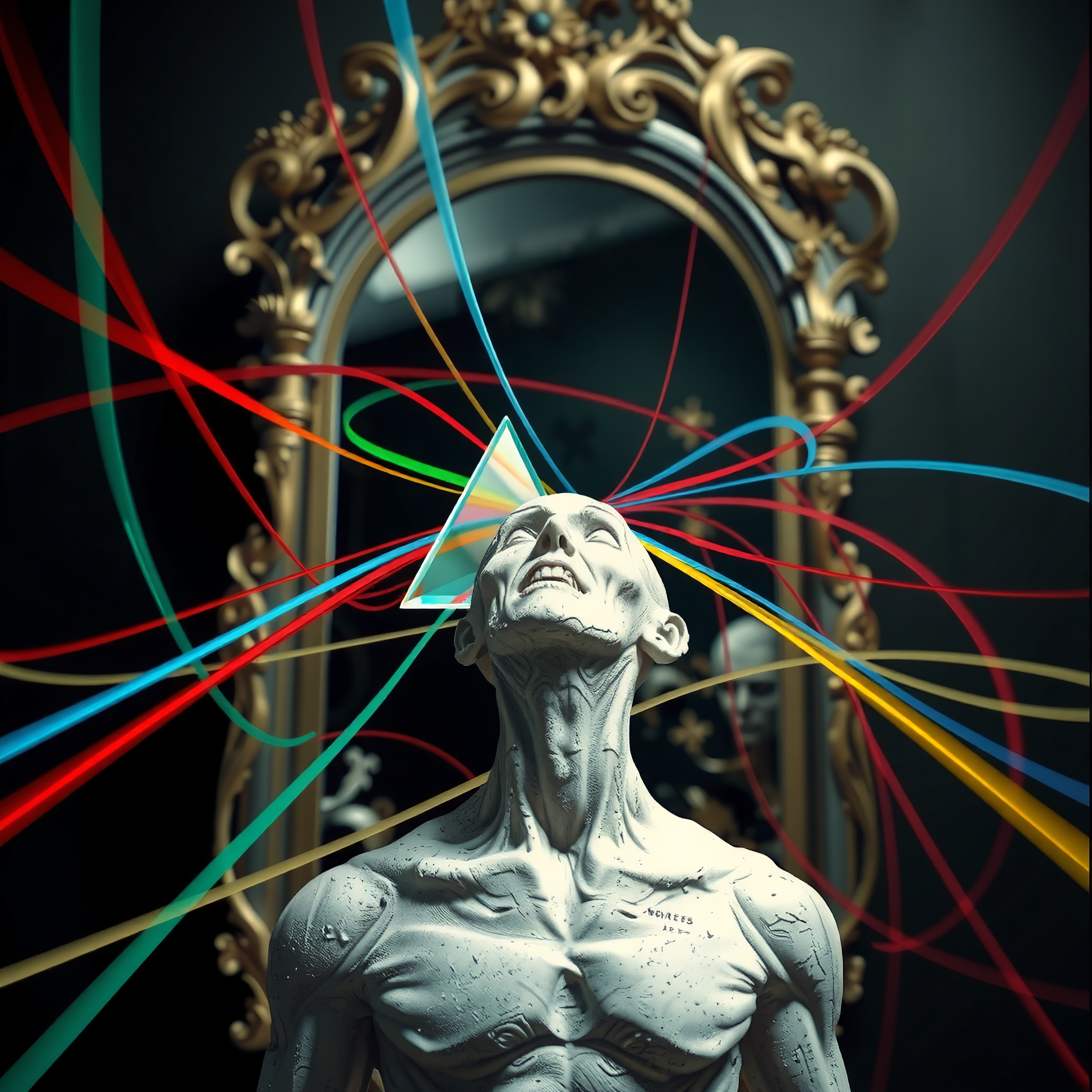 A detailed sculpture of a human figure with a prism emitting colorful beams, set against a dark background with a gold-framed mirror.