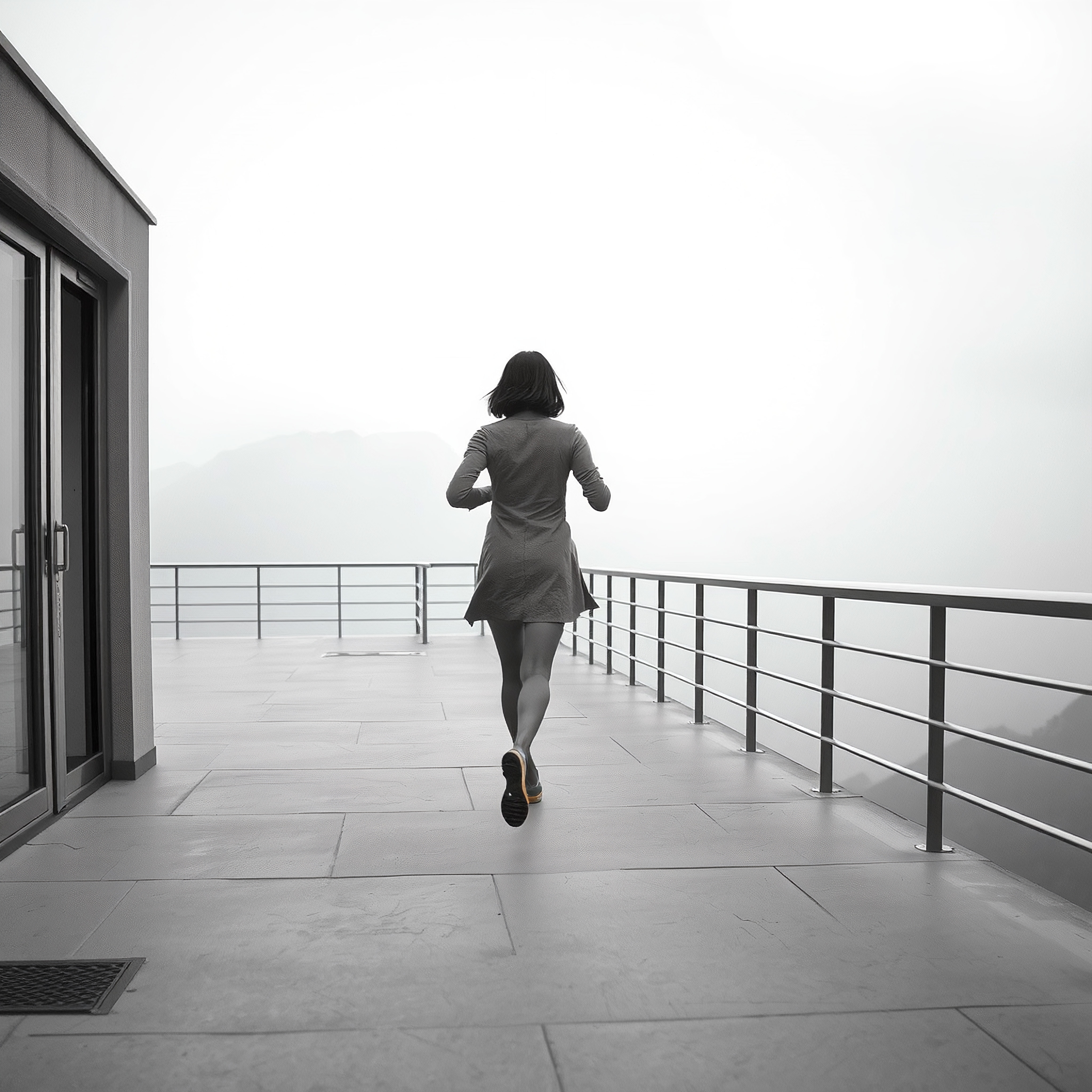 Woman walking on a foggy terrace with distant mountains.