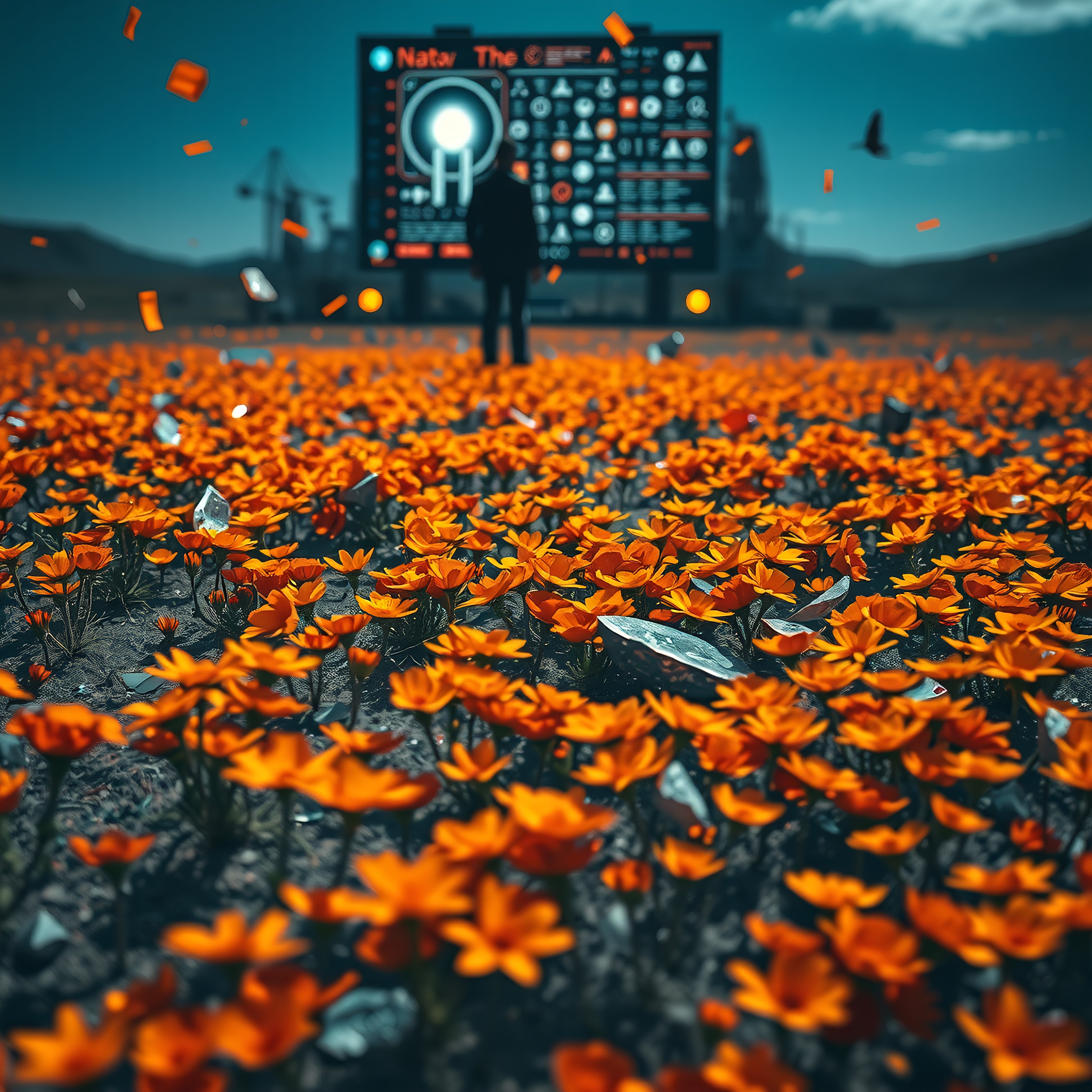 A vibrant field of orange marigolds against a blue sky with a digital sign in the background, blending nature and technology.