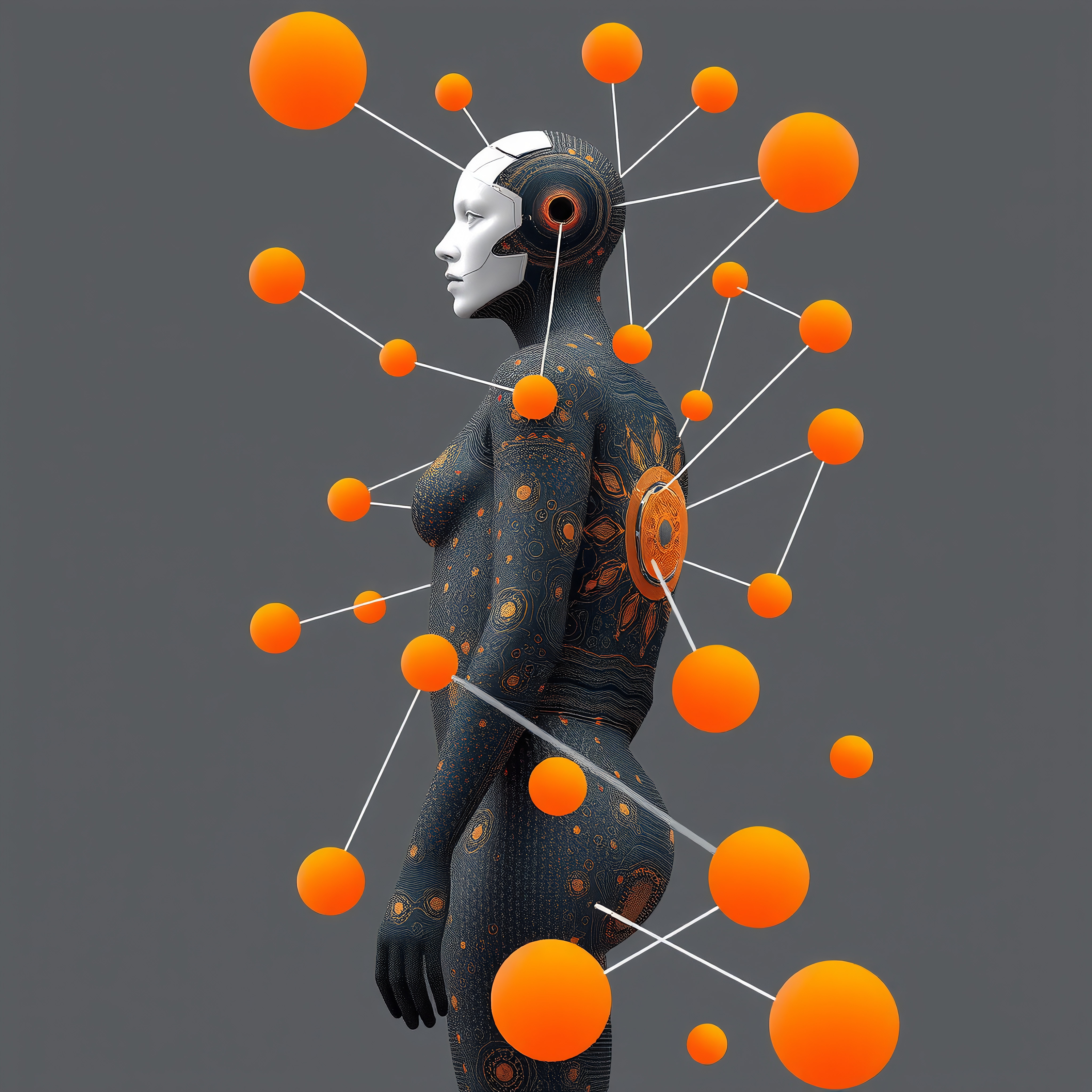 Futuristic humanoid figure with orange spheres and intricate designs suggesting advanced technology and networks.