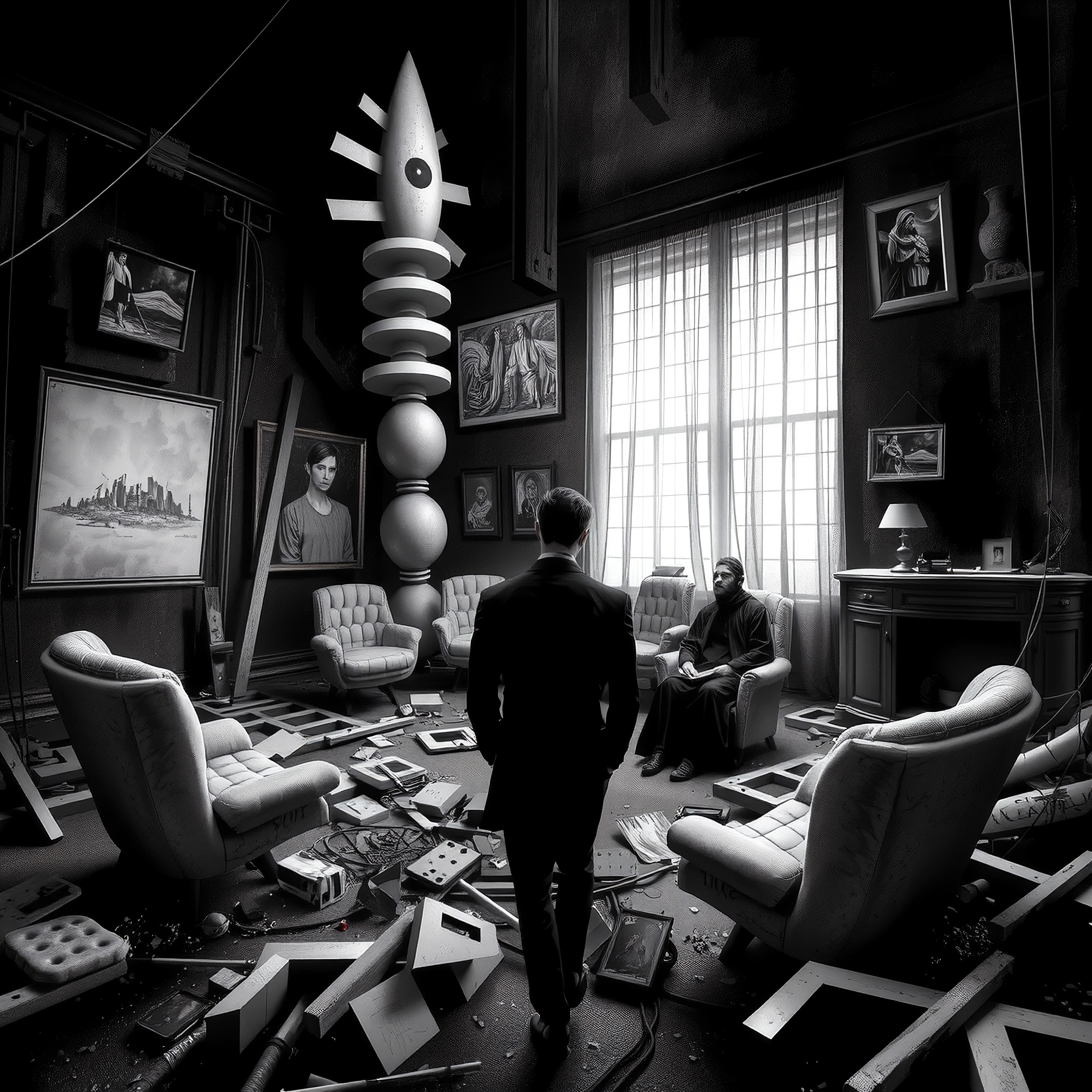 A dimly lit room with artwork and clutter.