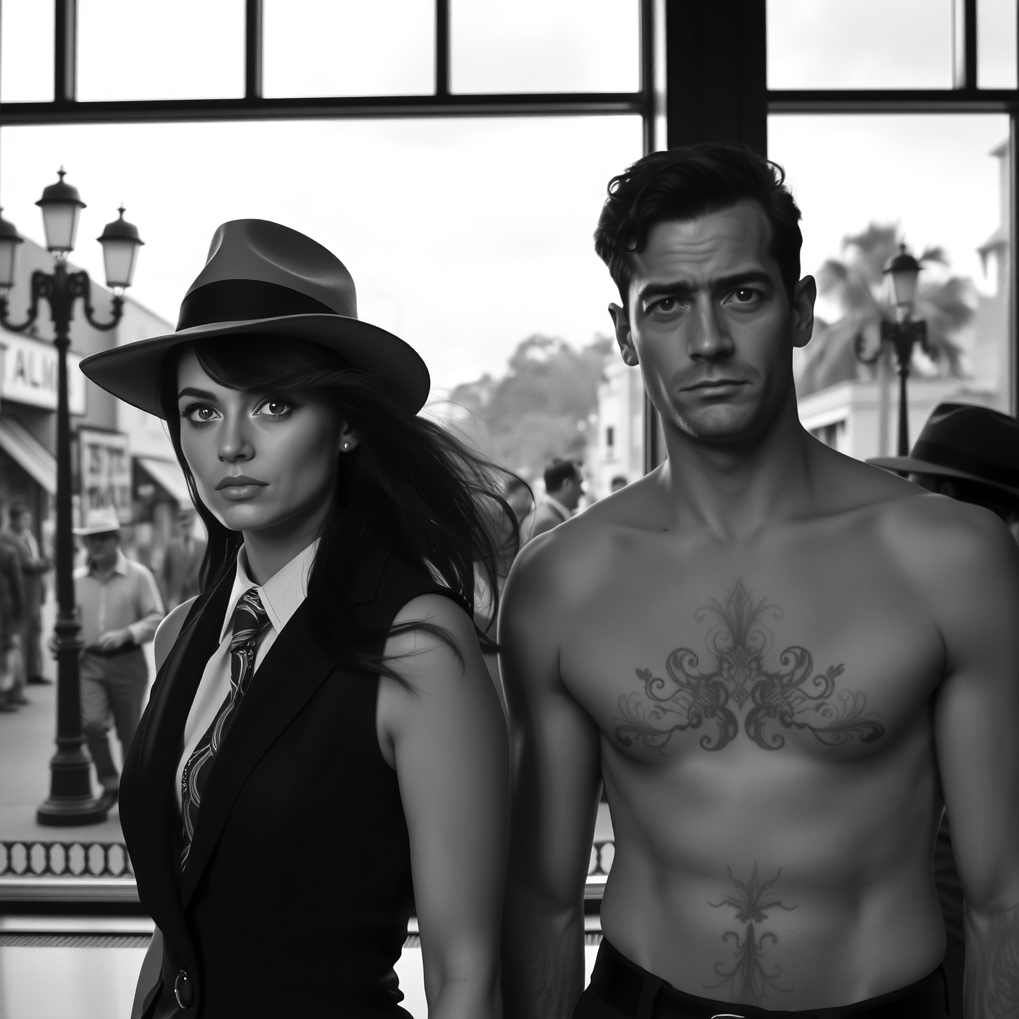 Vintage black-and-white scene with a woman in a fedora and suit alongside a shirtless man with a tattoo, set against a mid-20th century street backdrop.