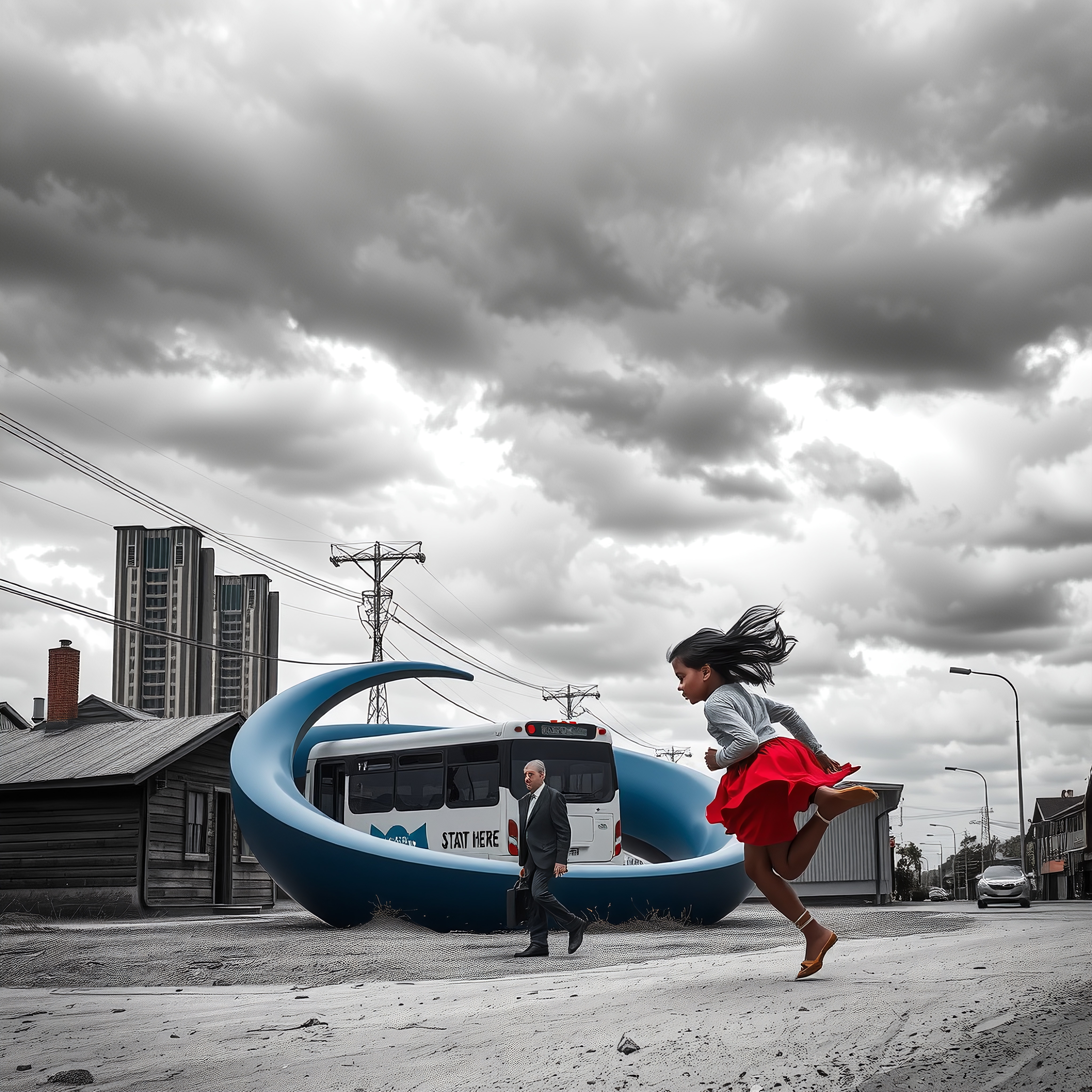 A young girl jumps playfully on a cloudy street with a blue sculpture and a bus in an urban setting.