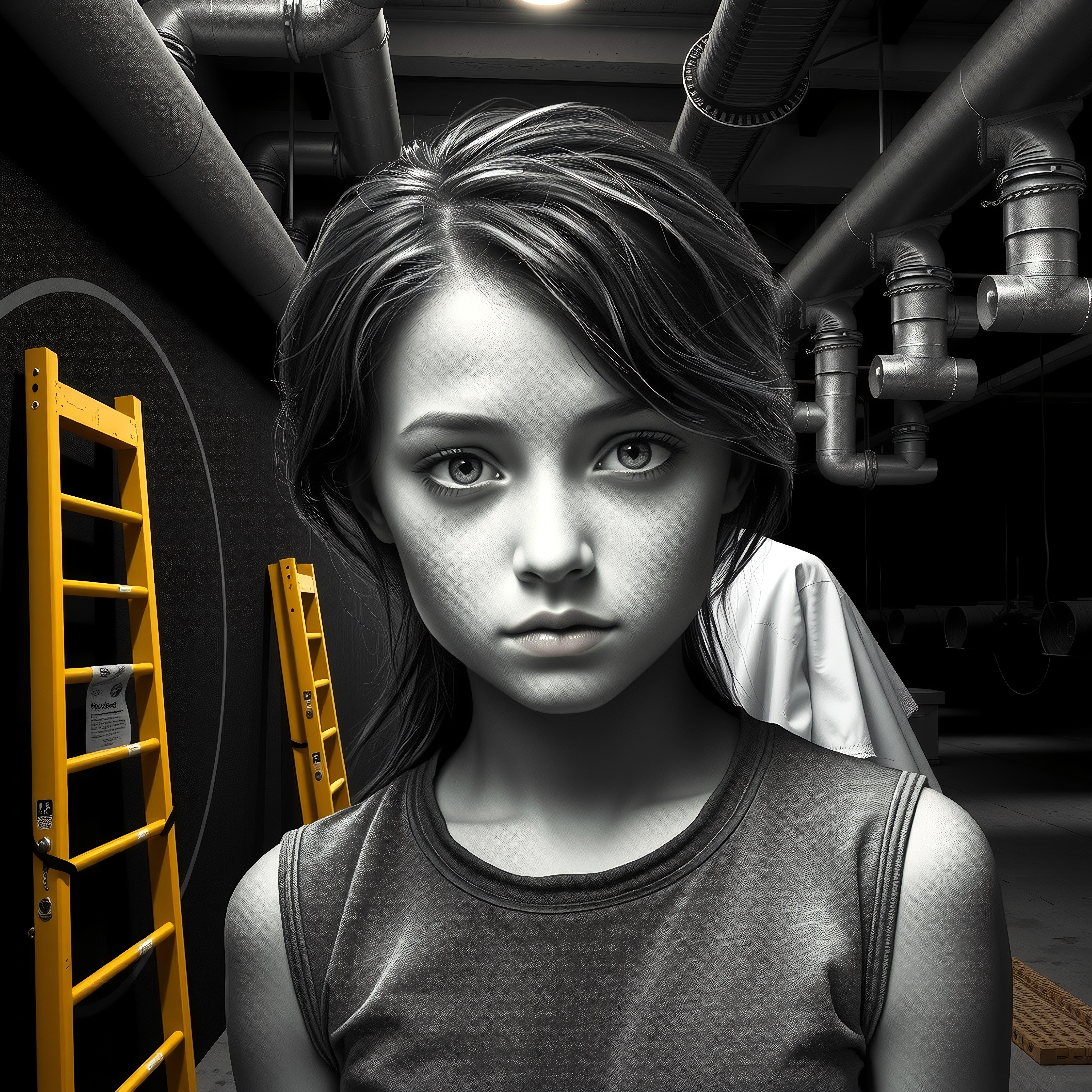 A young girl stands in an industrial setting, surrounded by metallic pipes and a bright yellow ladder, her expression contemplative and curious.